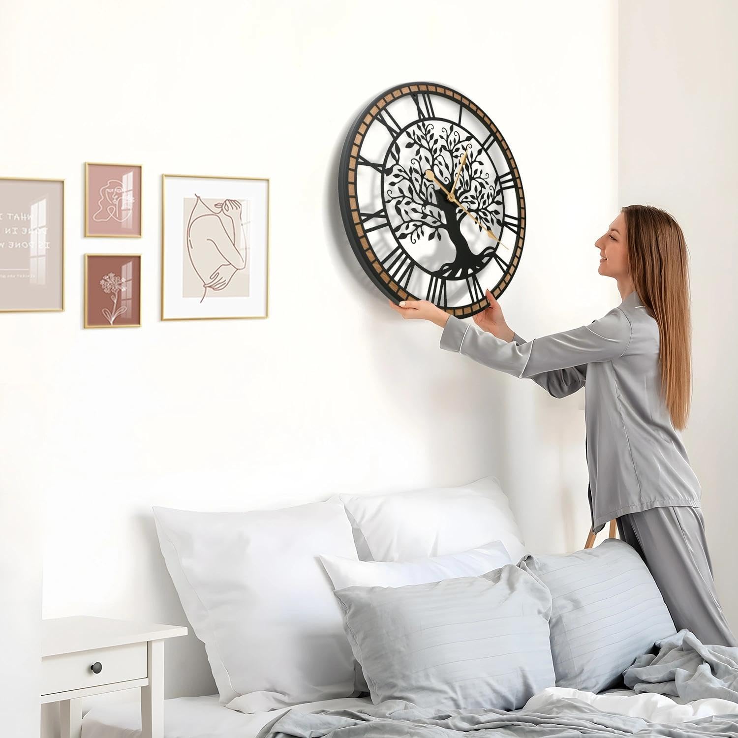 Micasso Farmhouse Large Wall Clock: 24Inch Rustic Tree of Life Metal with Wood Frame - Vintage Battery Operated Wall Clocks for Living Room/Office/Bedroom - Home Decor for Fashion-Conscious