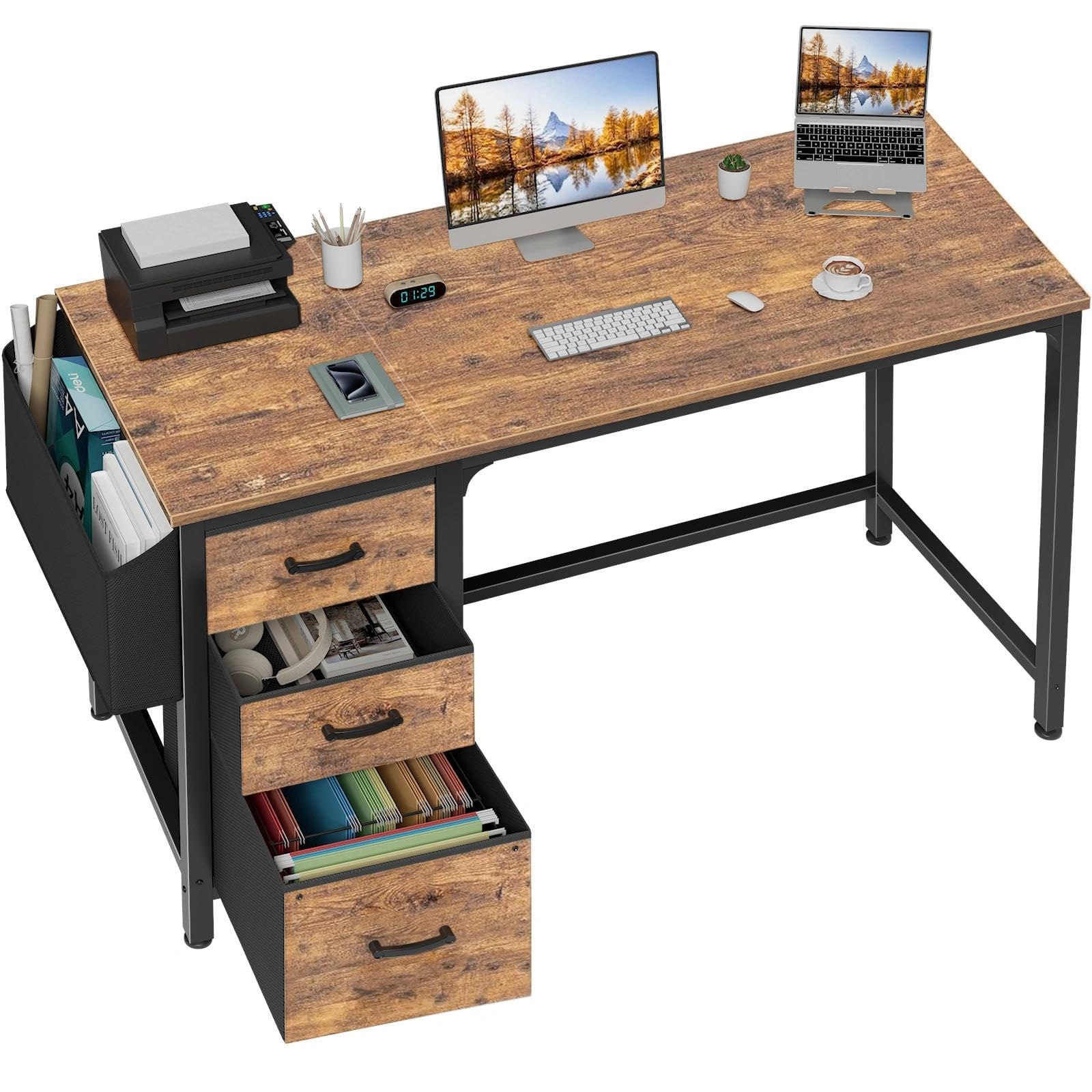 Lufeiya White Desk with File Drawers Cabinet, 47 Inch Reversible Computer Desk with Fabric Filing Cabinet for Bedroom Small Space Home Office, Modern Writing Table PC Desks, White
