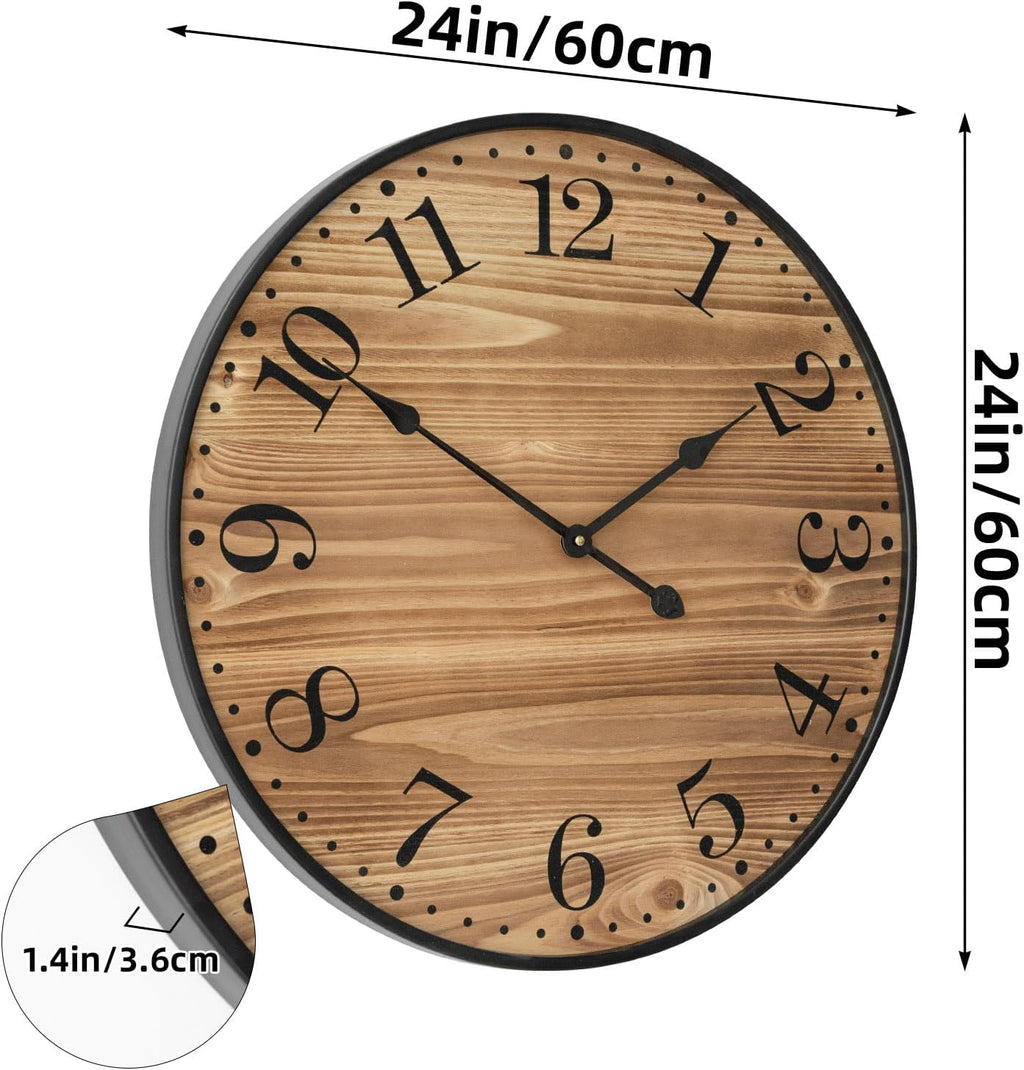 Rustic Farmhouse Wall Clocks for Living Room Decor, Large 24 inch Wall Clock with Dark Brown Wooden Face and Black Metal Frame, Silent Battery Operated for Kitchen Bedroom Entryway