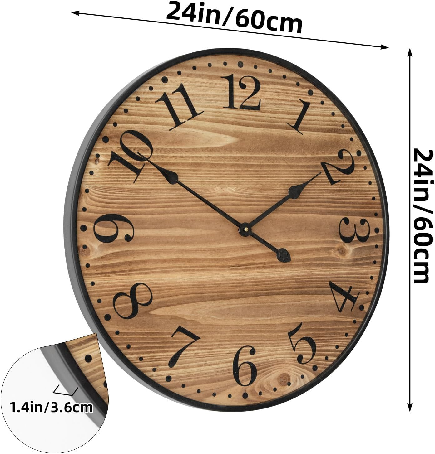 Rustic Farmhouse Wall Clocks for Living Room Decor, Large 24 inch Wall Clock with Dark Brown Wooden Face and Black Metal Frame, Silent Battery Operated for Kitchen Bedroom Entryway