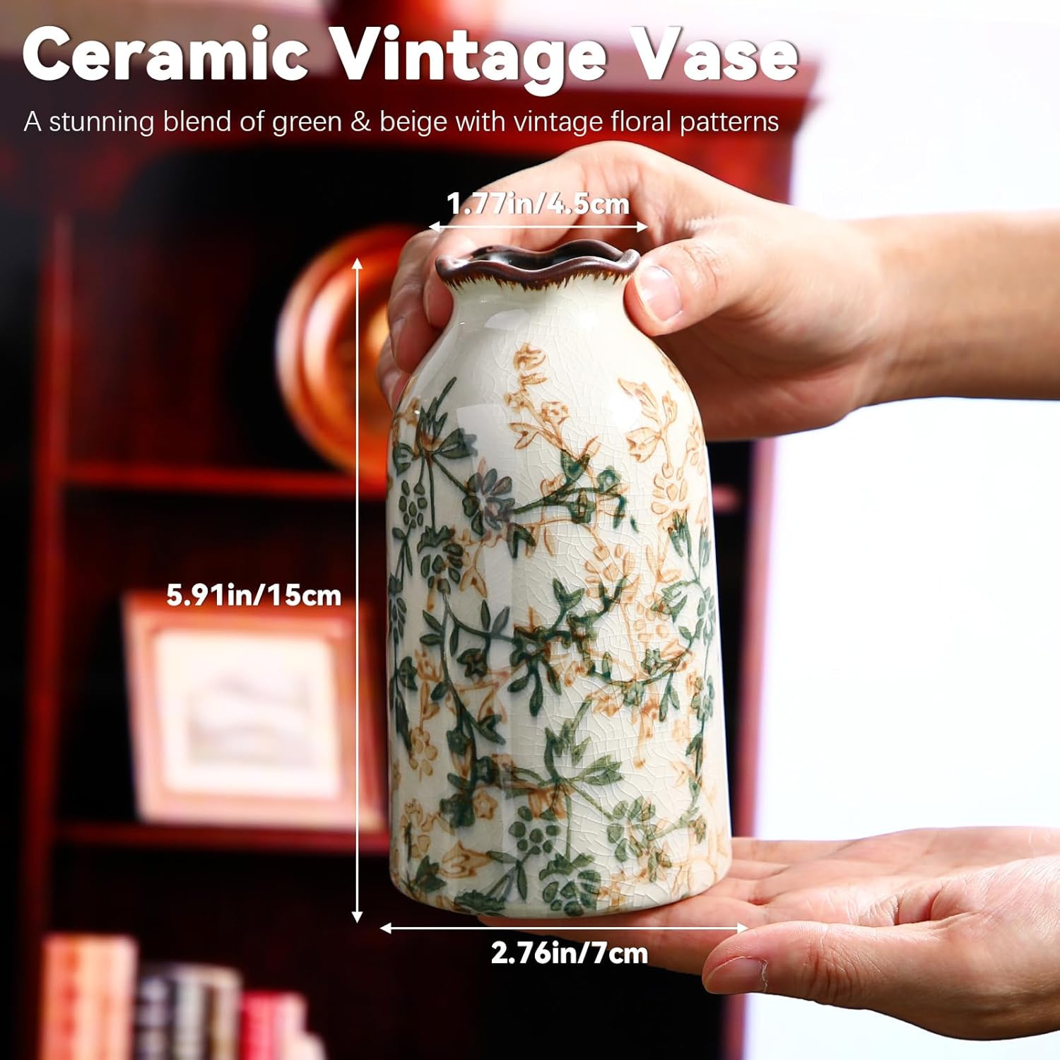 Green Vintage Vase Ceramic Crackle Floral Vase for Farmhouse Retro Home Bookshelf Living Room Table Centerpiece Decor(Rustic)