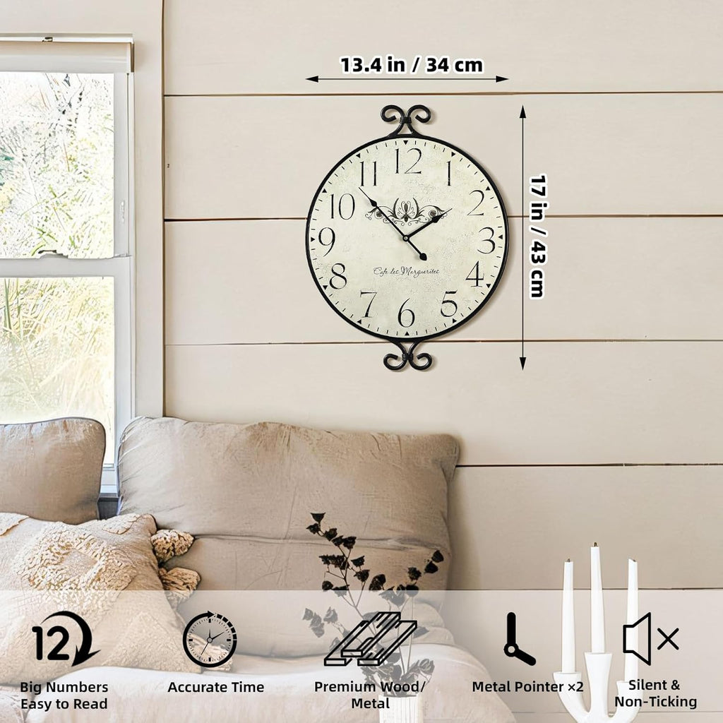 Farmhouse Wall Clock, 17H×13.4D Inch, Wrought Iron Frame with Warm Gray Finish, Vintage Wall Clock Silent Battery Operated Wall Clocks for Home Living Room Kitchen Bedroom