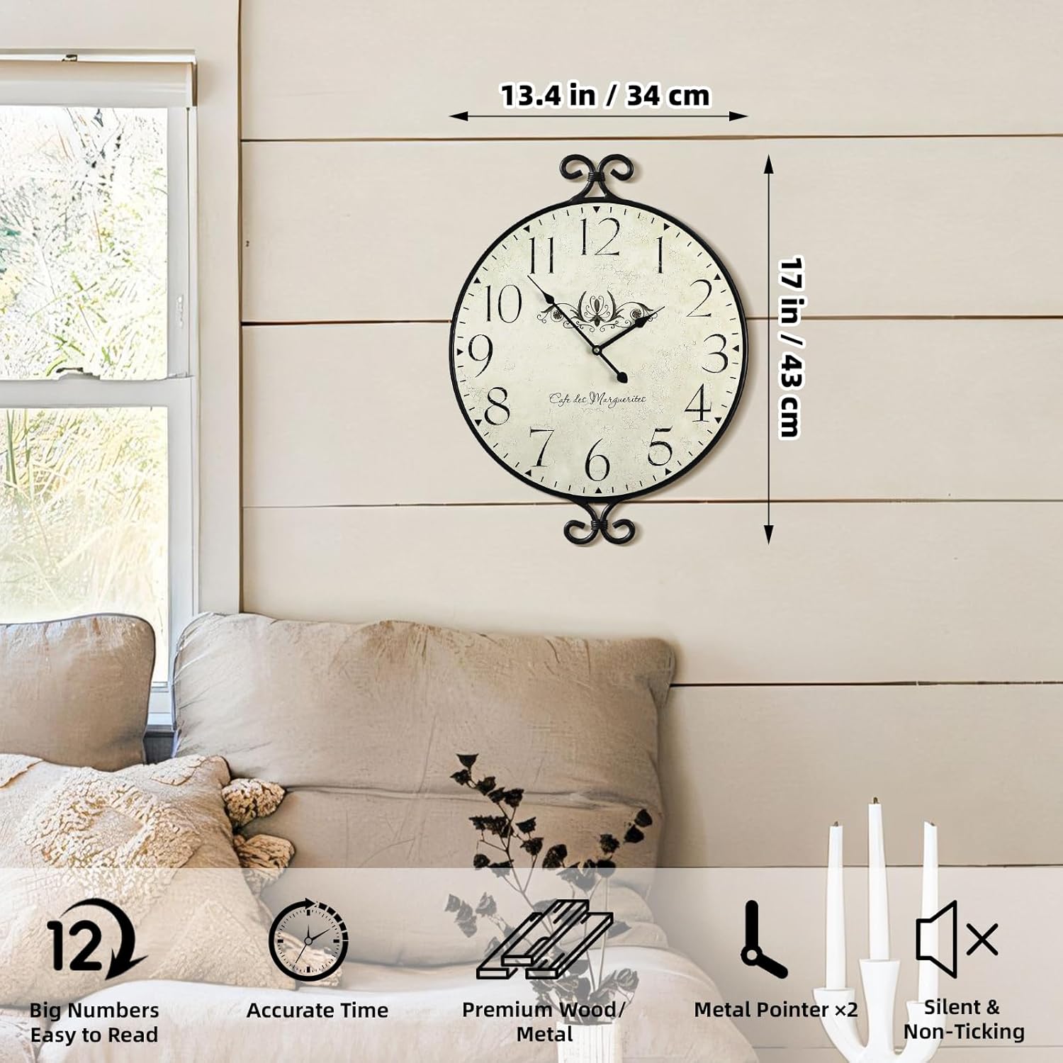 Farmhouse Wall Clock, 17H×13.4D Inch, Wrought Iron Frame with Warm Gray Finish, Vintage Wall Clock Silent Battery Operated Wall Clocks for Home Living Room Kitchen Bedroom