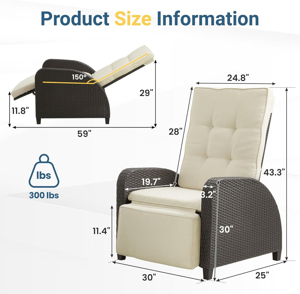 Green4ever Outdoor Patio Recliner with Adjustable Backrest and Footrest, All-Weather Wicker Patio Chair, 160° Lay Flat Patio Reclining Lounge Chair for Garden Backyard, Beige