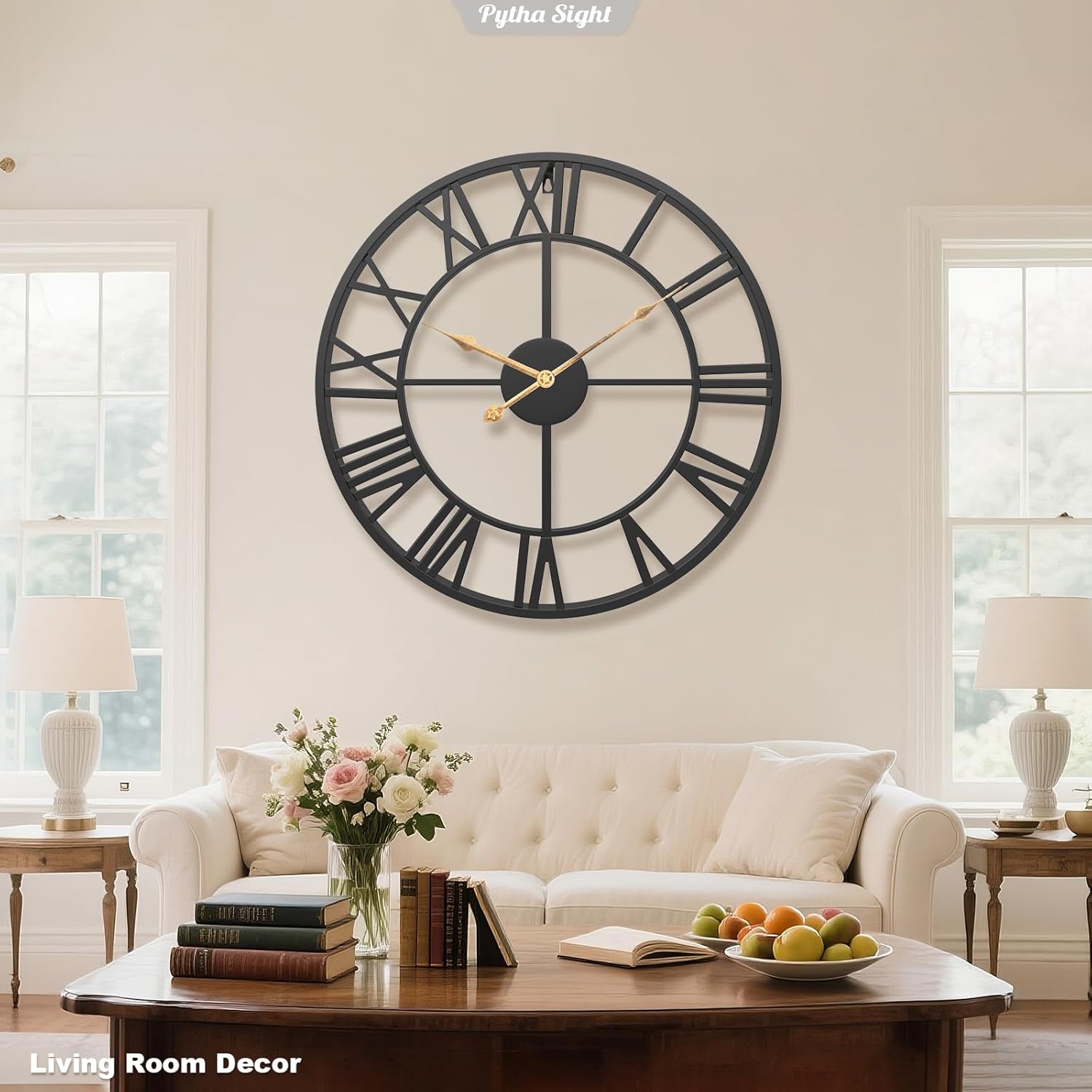 Pytha Sight 24 Inch Large Oversized Farmhouse Modern Decorative Wall Clock for Living Room,Silent Industrial Big Roman Numerals Vintage Metal Round Wall Clocks for Kitchen,Dining Room,Office