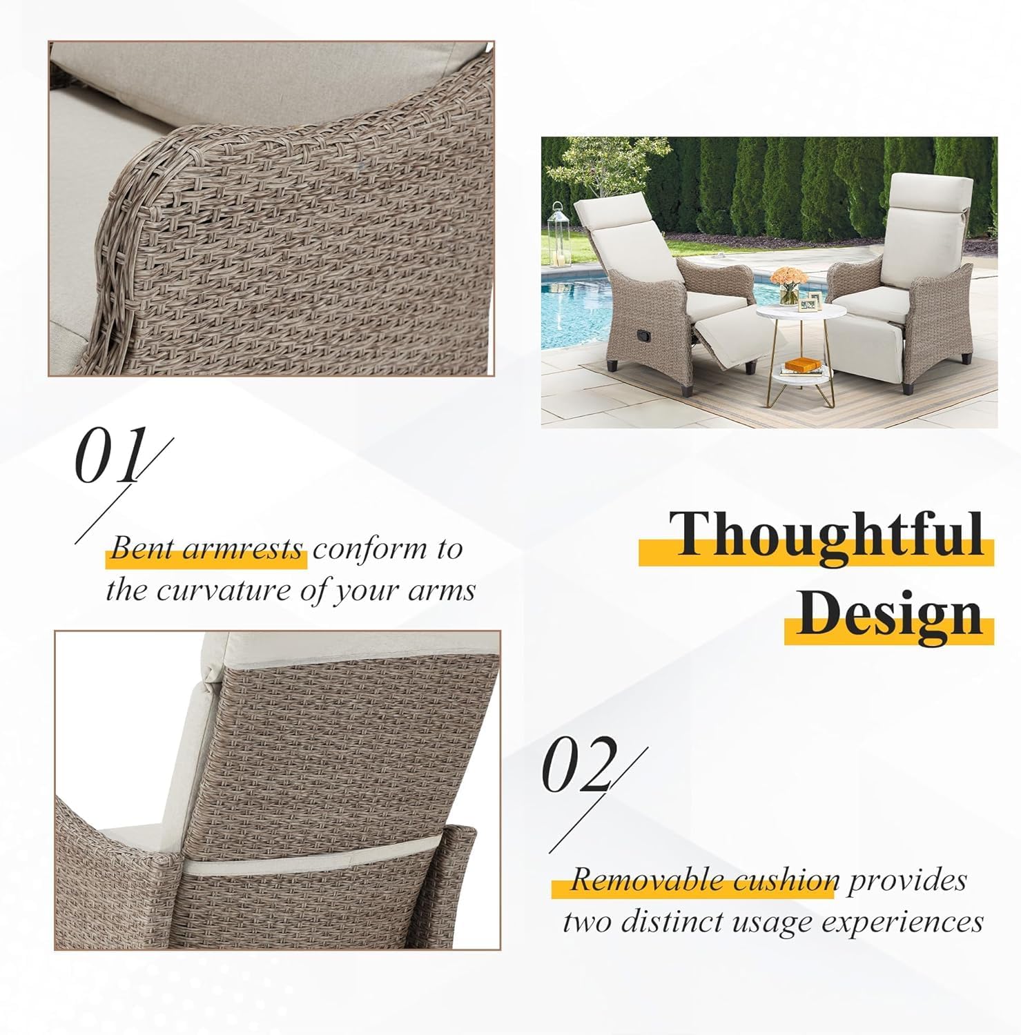 HOMREST Outdoor Recliner Chair, Wicker Reclining Chair for Patio with Adjustable Backrest up to 150°, Rattan Armchair with Integrated Footrest & Removable Cushion for Garden, Light Gray