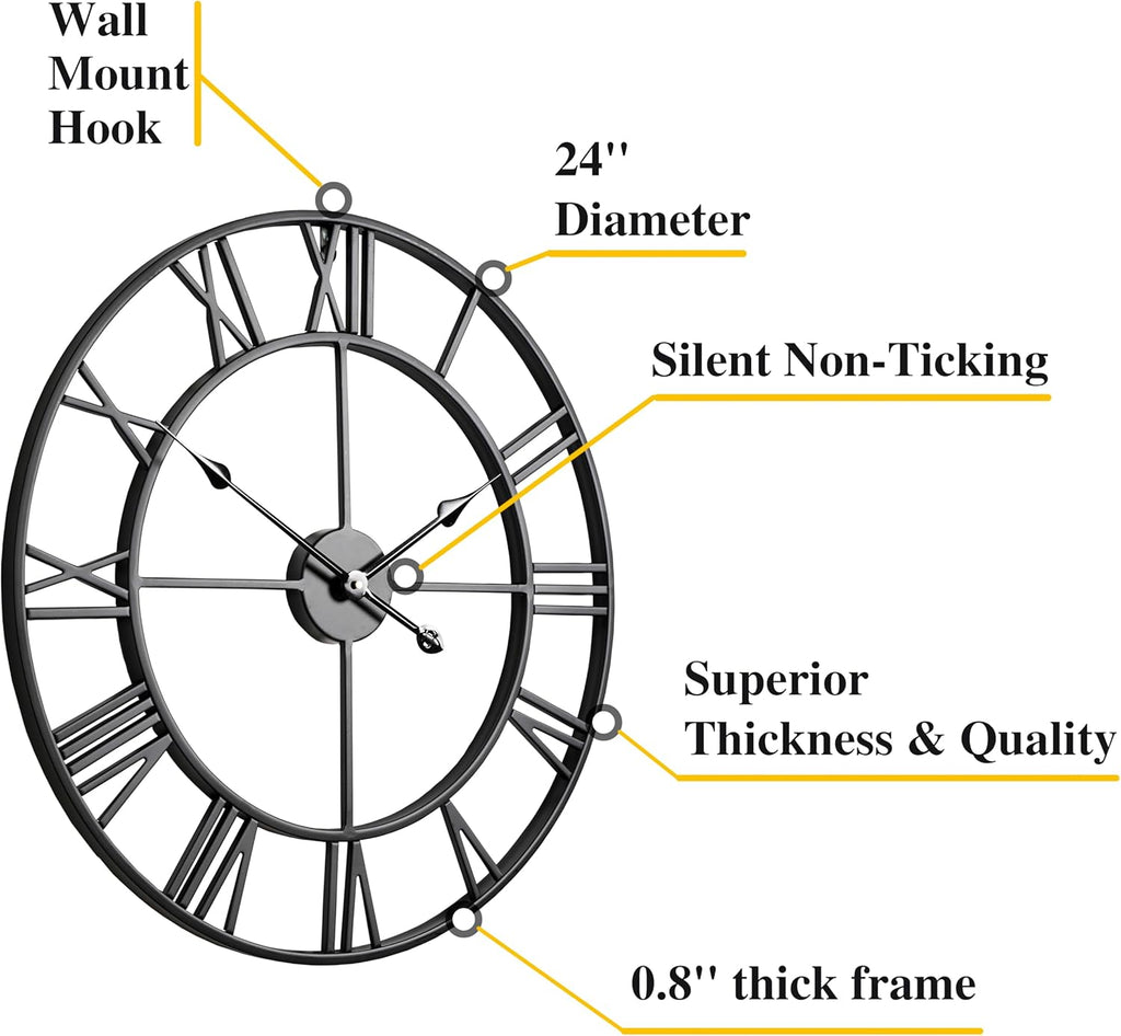 CLXEAST Silent 24 Inch Wall Clocks for Living Room Decor, Large Black Metal Roman Numeral Wall Clocks for Modern Farmhouse Home Decor,House Warming Gifts New Home