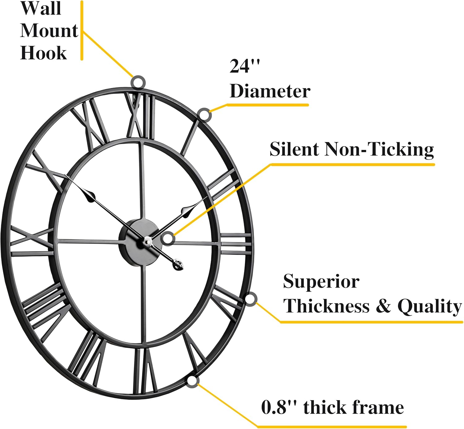 CLXEAST Silent 24 Inch Wall Clocks for Living Room Decor, Large Black Metal Roman Numeral Wall Clocks for Modern Farmhouse Home Decor,House Warming Gifts New Home