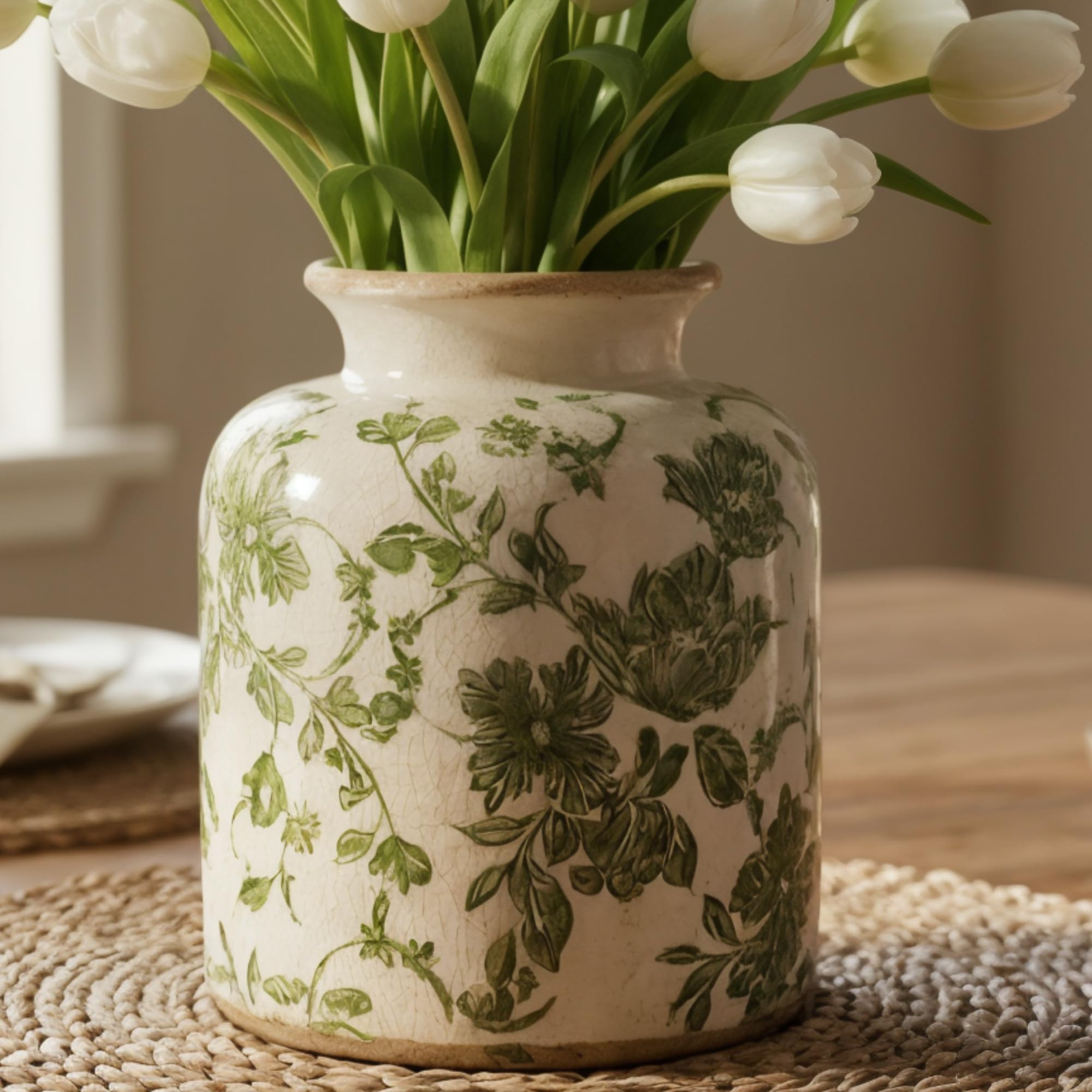 Vintage Green Floral Ceramic Vase, 8 Inch Crackle Glaze Rustic Handmade Vase, Decorative Pottery for Fresh or Dried Flowers, Farmhouse Cottage Modern Rustic Decor