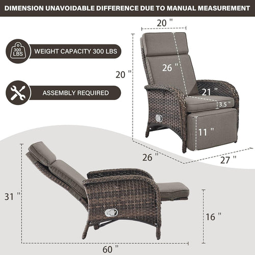 Belord Versatile Outdoor Recliner Chair - 2 Piece Reclining Patio Chair with Adjustable Backrest and Footrest, All-Weather Wicker Chaise Lounge Chair Outdoor for Pool Deck Brown