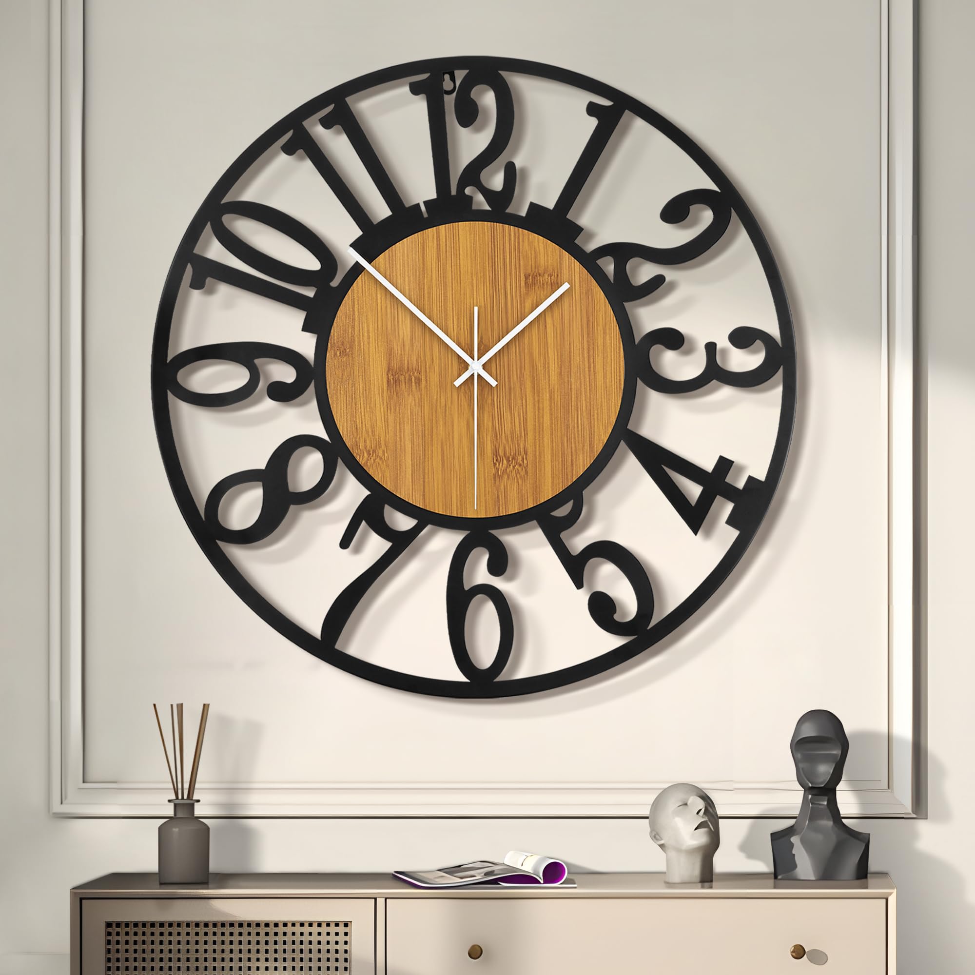 LEIKE Large Wall Clocks,Silent,Non Ticking,Battery Operated Small Vintage Round Modern Metal Wall Clock for Living Room, Bedroom,Kitchen,Farmhouse,Office Decor-13.5 Inch(Black-Arabic Number)