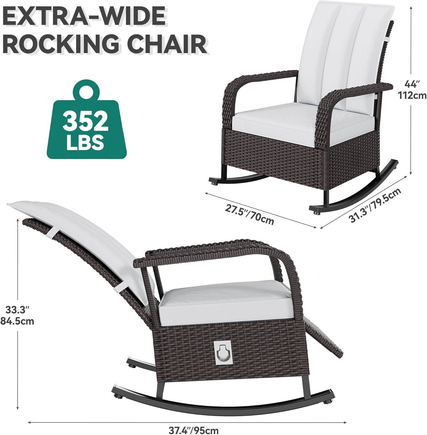YITAHOME Outdoor Rocking Chair, Wicker Lounge Chair with Adjustment Backrest, PE Rattan Patio Recliner with Adjustable Footrest and Soft Cushions, Ideal for Garden Backyard Porch Patio
