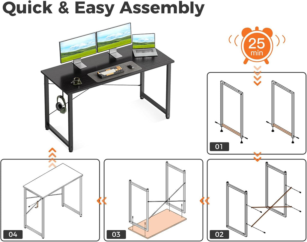 Casaottima 48 Inch Small Computer Desk for Home Office, Study Writing Table for Small Spaces, Simple Modern Desk with Headphone Hooks, Pure Black