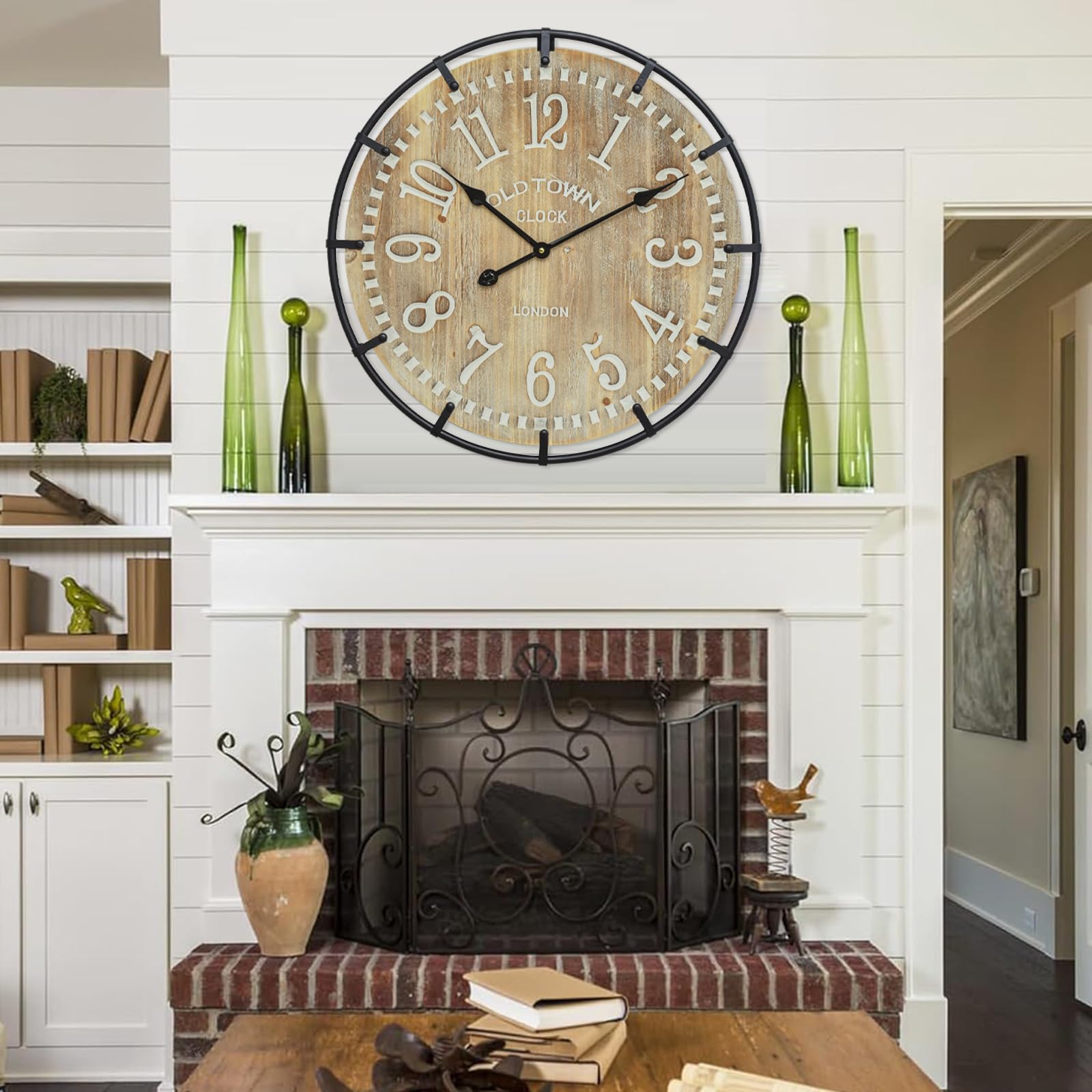 EMAX HOME 24 Inch Large Farmhouse Wall Clock, Rustic Antique Wood with Metal Circle and Large Engraved Numerals, Silent Battery Operated Wall Clock for Office Kitchen Bedroom Living Room