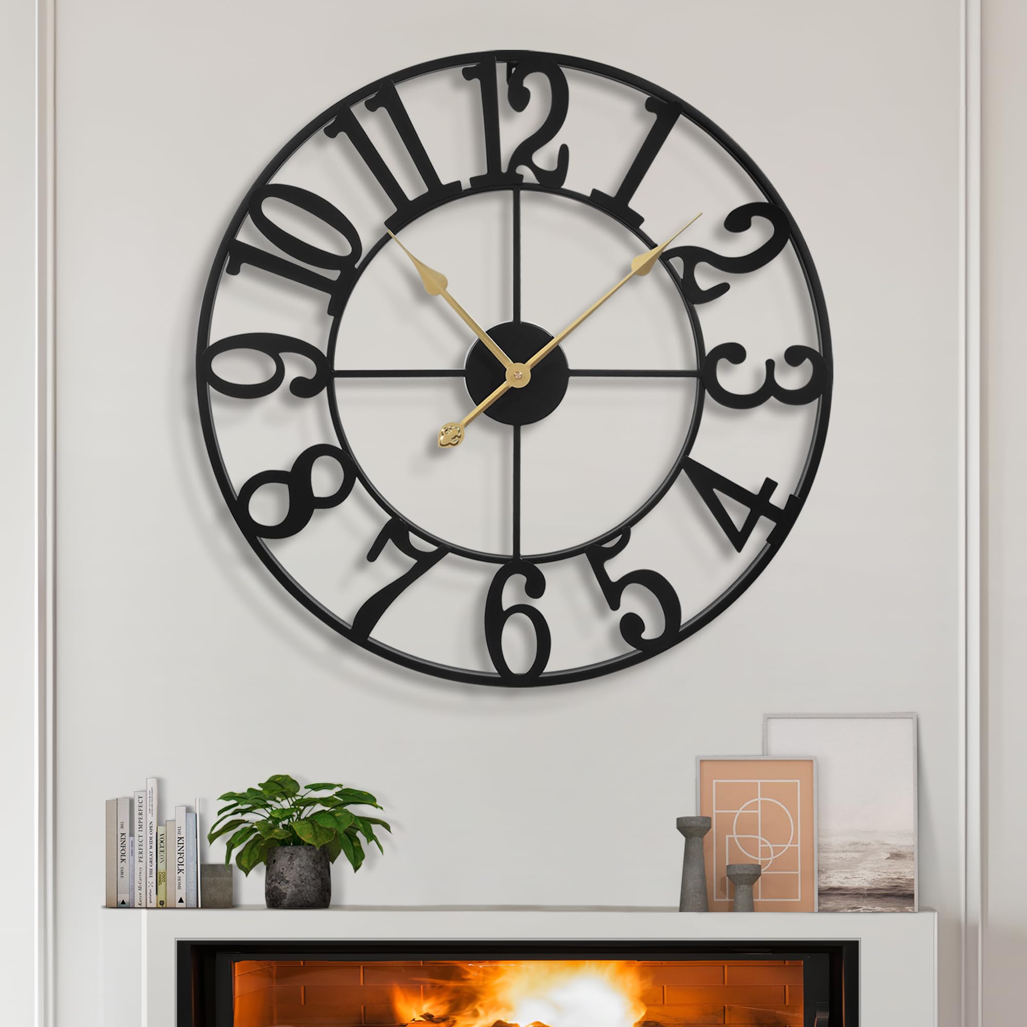 LEIKE Large Wall Clocks,Silent,Non Ticking,Battery Operated Small Vintage Round Modern Metal Wall Clock for Living Room, Bedroom,Kitchen,Farmhouse,Office Decor-13.5 Inch(Black-Arabic Number)