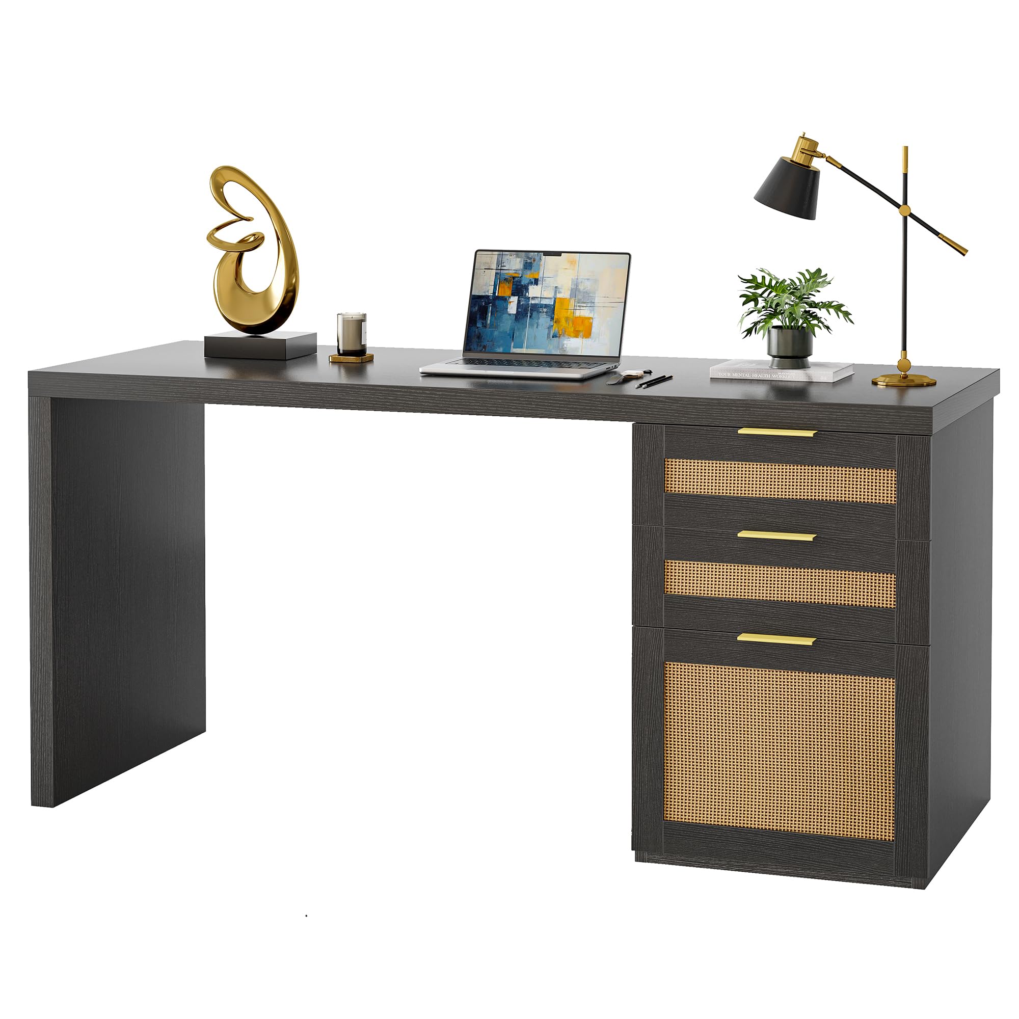 TIQLAB 55” Executive Office Desk with Drawers, Modern Wood Executive Desk with Storage, One-Piece Fluted Computer Writing Desk for Home Office, Study, Living Room, Bedroom, Maple