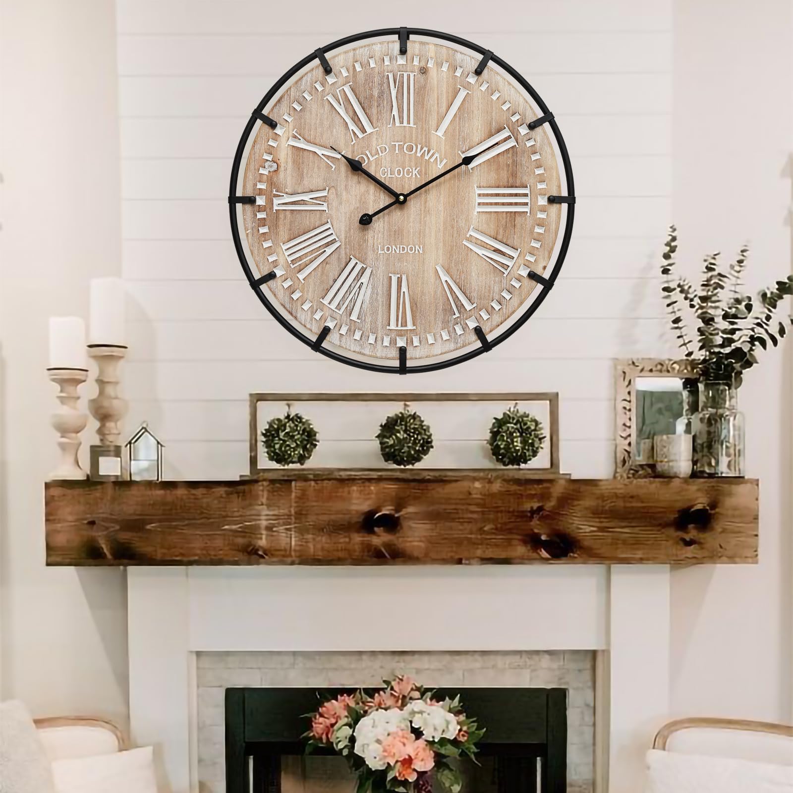 EMAX HOME 24 Inch Large Farmhouse Wall Clock, Rustic Antique Wood with Metal Circle and Large Engraved Numerals, Silent Battery Operated Wall Clock for Office Kitchen Bedroom Living Room