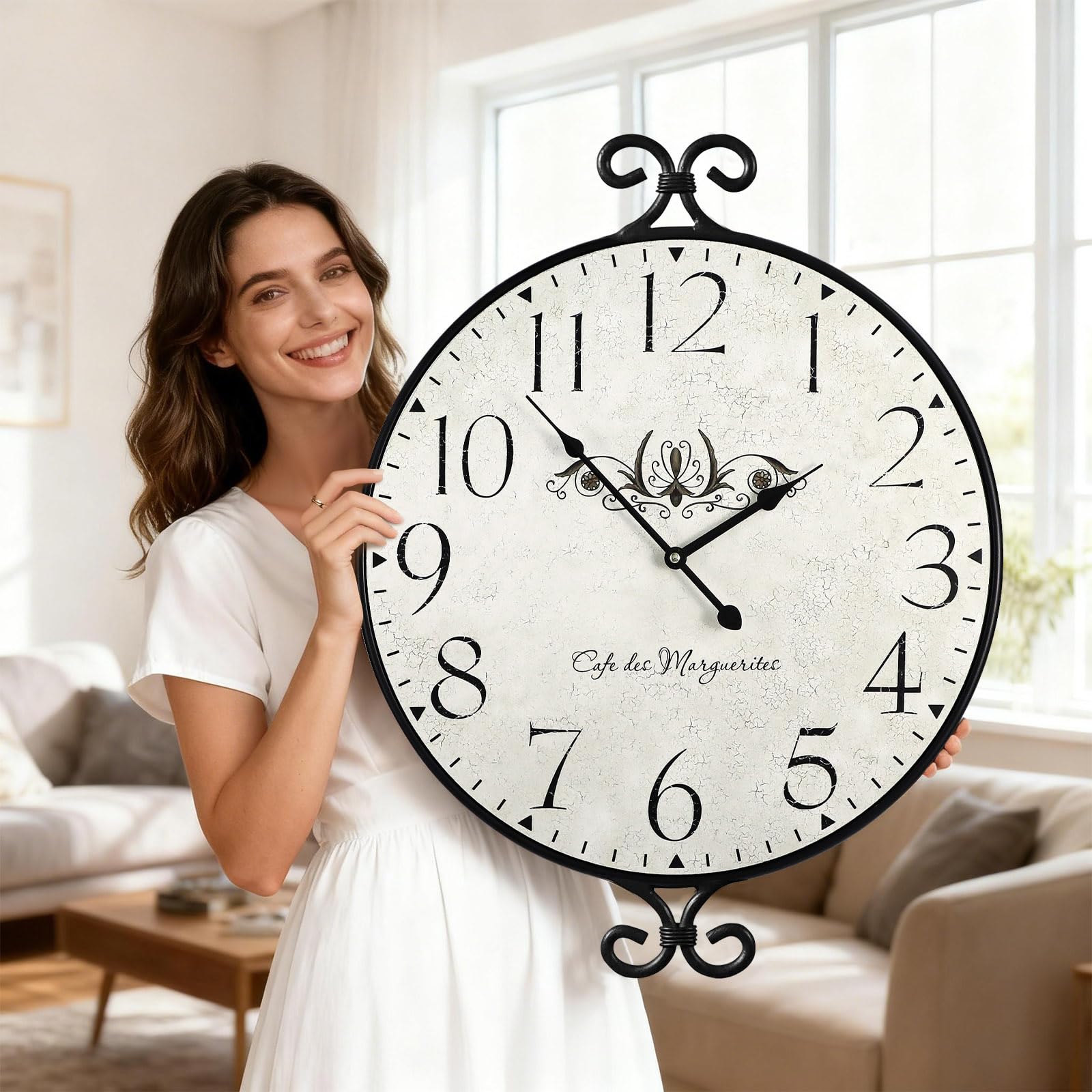 Farmhouse Wall Clock, 17H×13.4D Inch, Wrought Iron Frame with Warm Gray Finish, Vintage Wall Clock Silent Battery Operated Wall Clocks for Home Living Room Kitchen Bedroom
