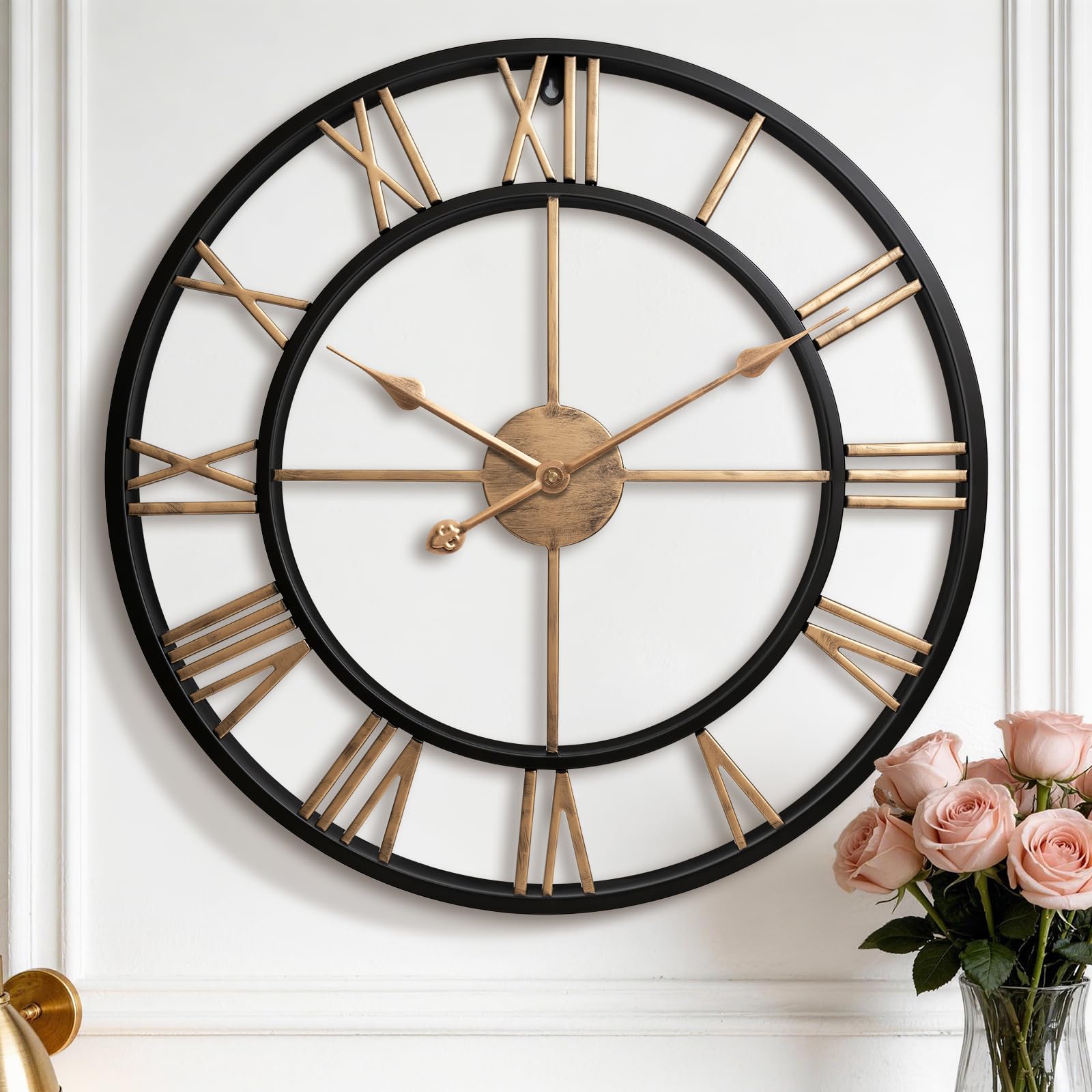 Pytha Sight 24 Inch Large Oversized Farmhouse Modern Decorative Wall Clock for Living Room,Silent Industrial Big Roman Numerals Vintage Metal Round Wall Clocks for Kitchen,Dining Room,Office