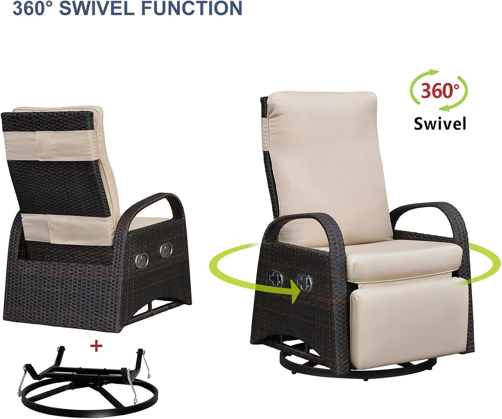 Skypatio Outdoor Patio Swivel Recliner Chair, Independently Adjustable Backrest and Footrest Patio Wicker Reclining Lounge Chair with Flip Side Table for Indoor, Balcony, Porch(Light Khaki)