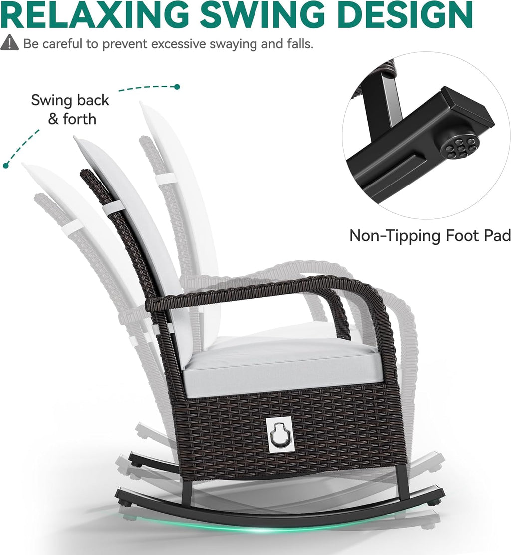 YITAHOME Outdoor Rocking Chair, Wicker Lounge Chair with Adjustment Backrest, PE Rattan Patio Recliner with Adjustable Footrest and Soft Cushions, Ideal for Garden Backyard Porch Patio