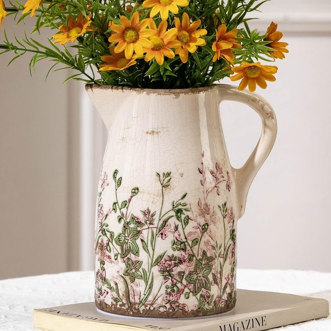 Vintage Ceramic Pitcher Vase with Handle 10.5”, Green & Pink Floral Farmhouse Vase, Chinoiserie Decorative Centerpiece for Living Room, Bookshelf