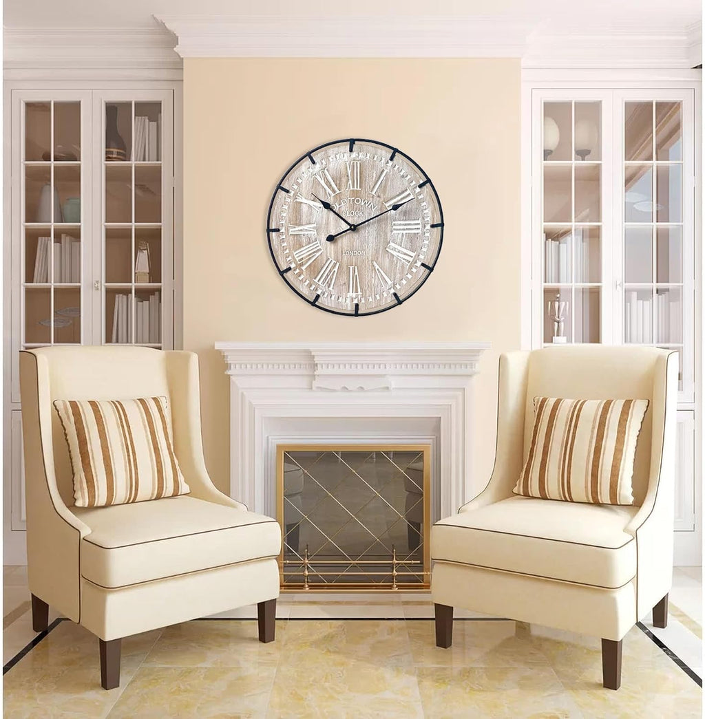 EMAX HOME 24 Inch Large Farmhouse Wall Clock, Rustic Antique Wood with Metal Circle and Large Engraved Numerals, Silent Battery Operated Wall Clock for Office Kitchen Bedroom Living Room