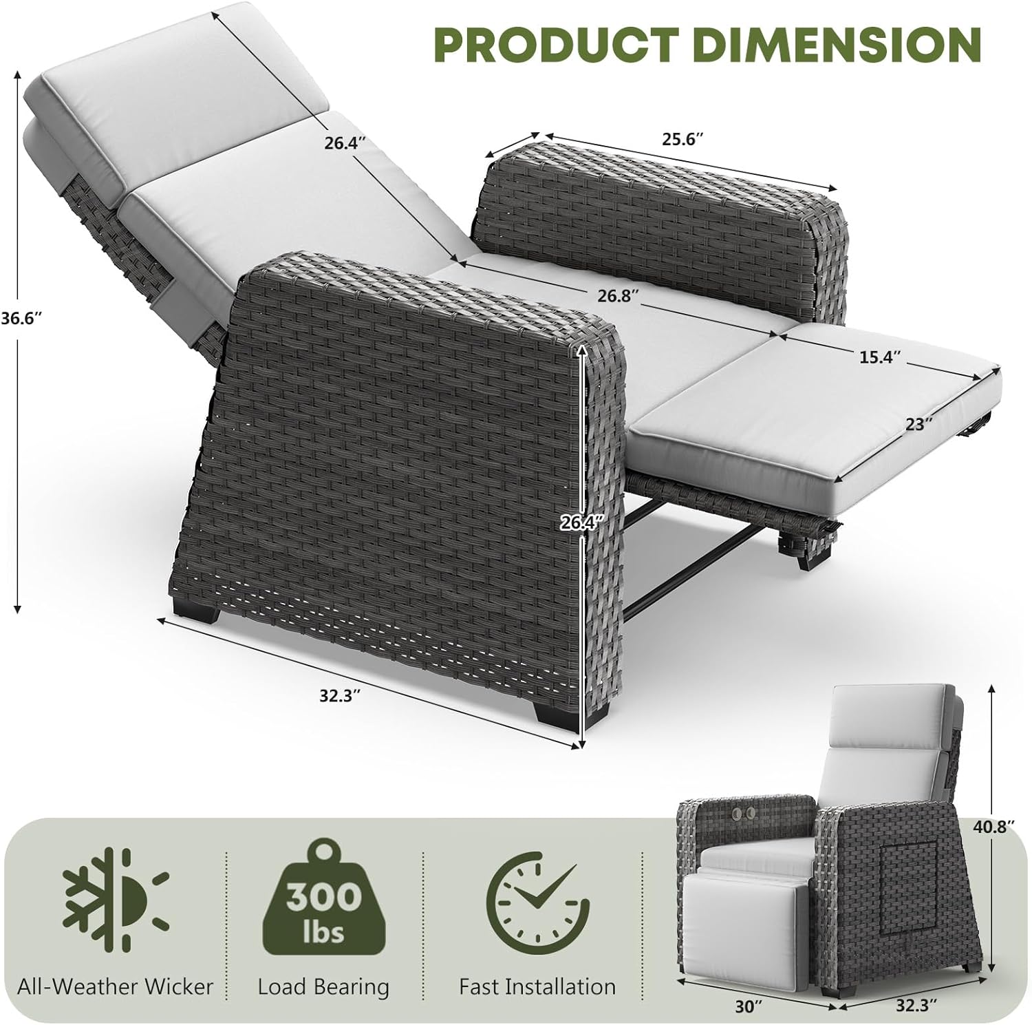 WACASA Outdoor Recliner Chair with Independent Dual-Control – 150° Lay-Flat Wicker Patio Armchair with Air Pump, Flip-Up Side Table, Extended Footrest & 5" Thick Fade-Resistant Olefin Cushions