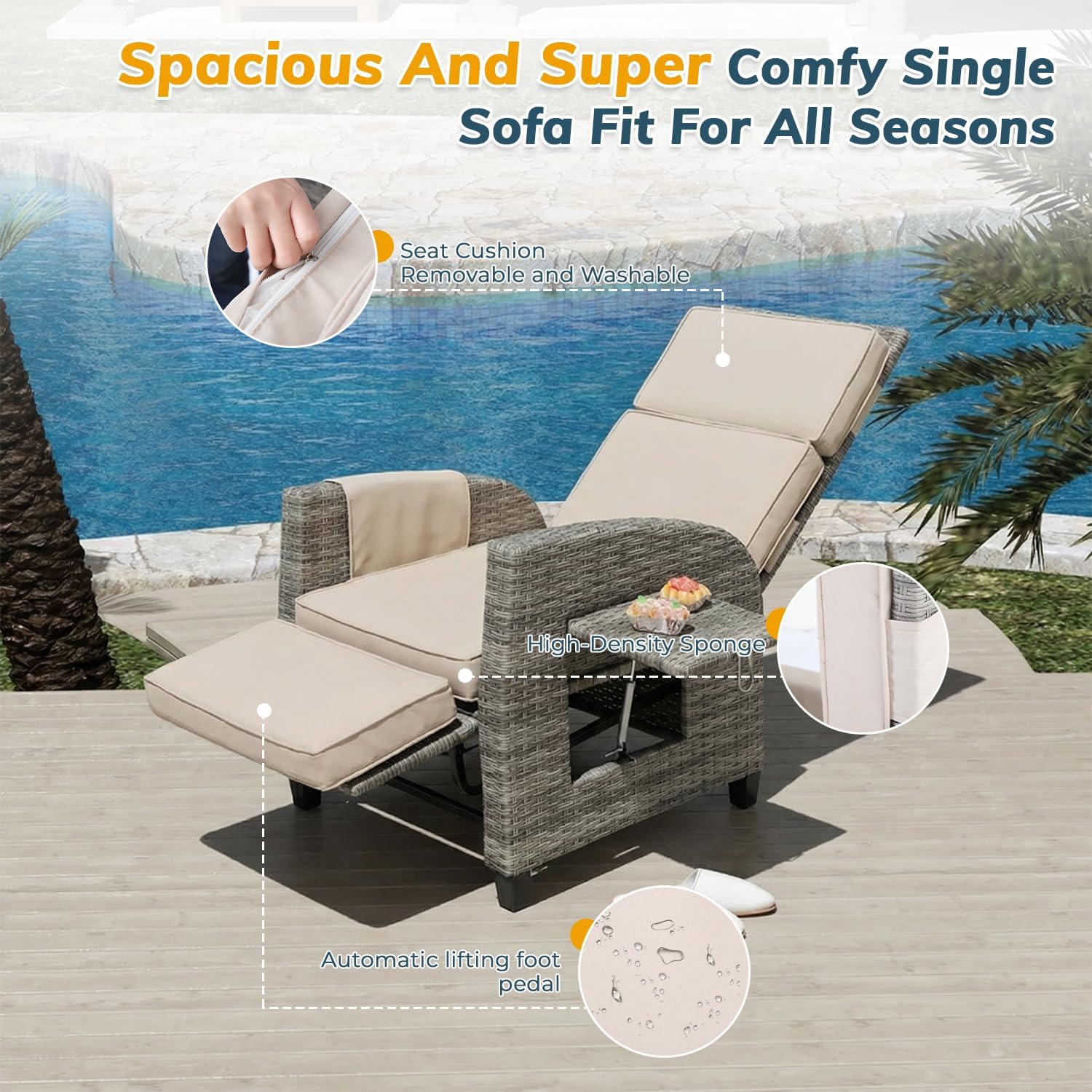 Outdoor Patio Recliner Chair, Adjustable Backrest up to Lay Flat & Extended Footrest, Flip-Up Side Table, Removable Cushion, All-Weather Wicker, for Porch Balcony Garden Poolside (2)