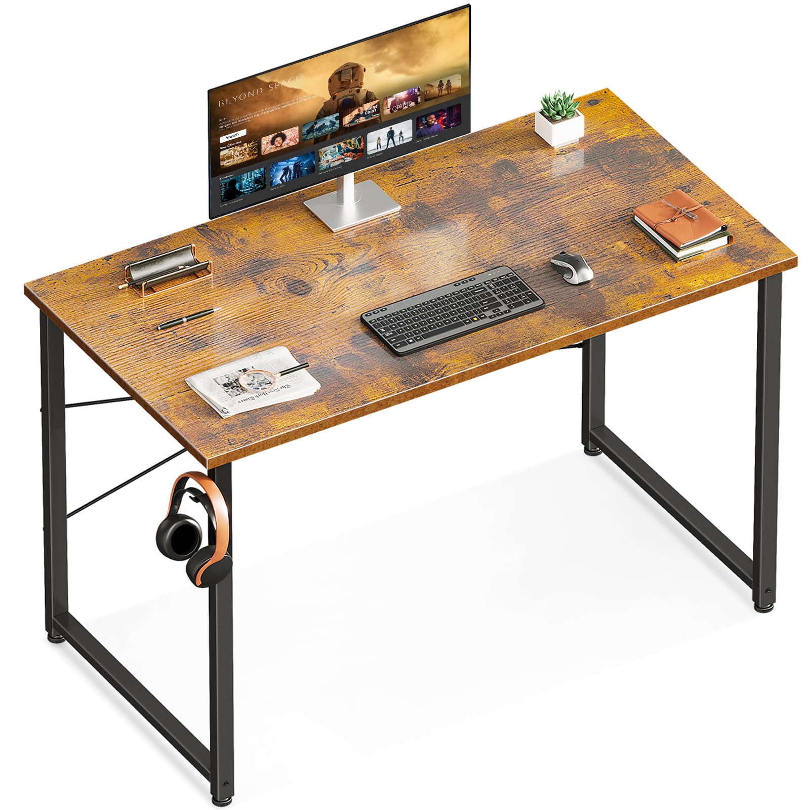 Casaottima 48 Inch Small Computer Desk for Home Office, Study Writing Table for Small Spaces, Simple Modern Desk with Headphone Hooks, Pure Black