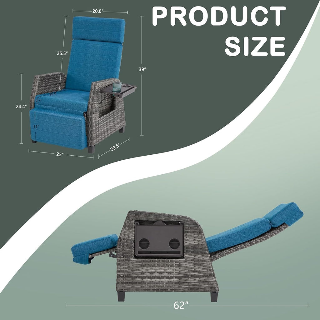 Outdoor Patio Recliner Chair, 180° Flat Recliner with Flip Table & Adjustable Backrest, Rattan Reclining Lounge Chair, Wicker Balcony Recliner, Blue