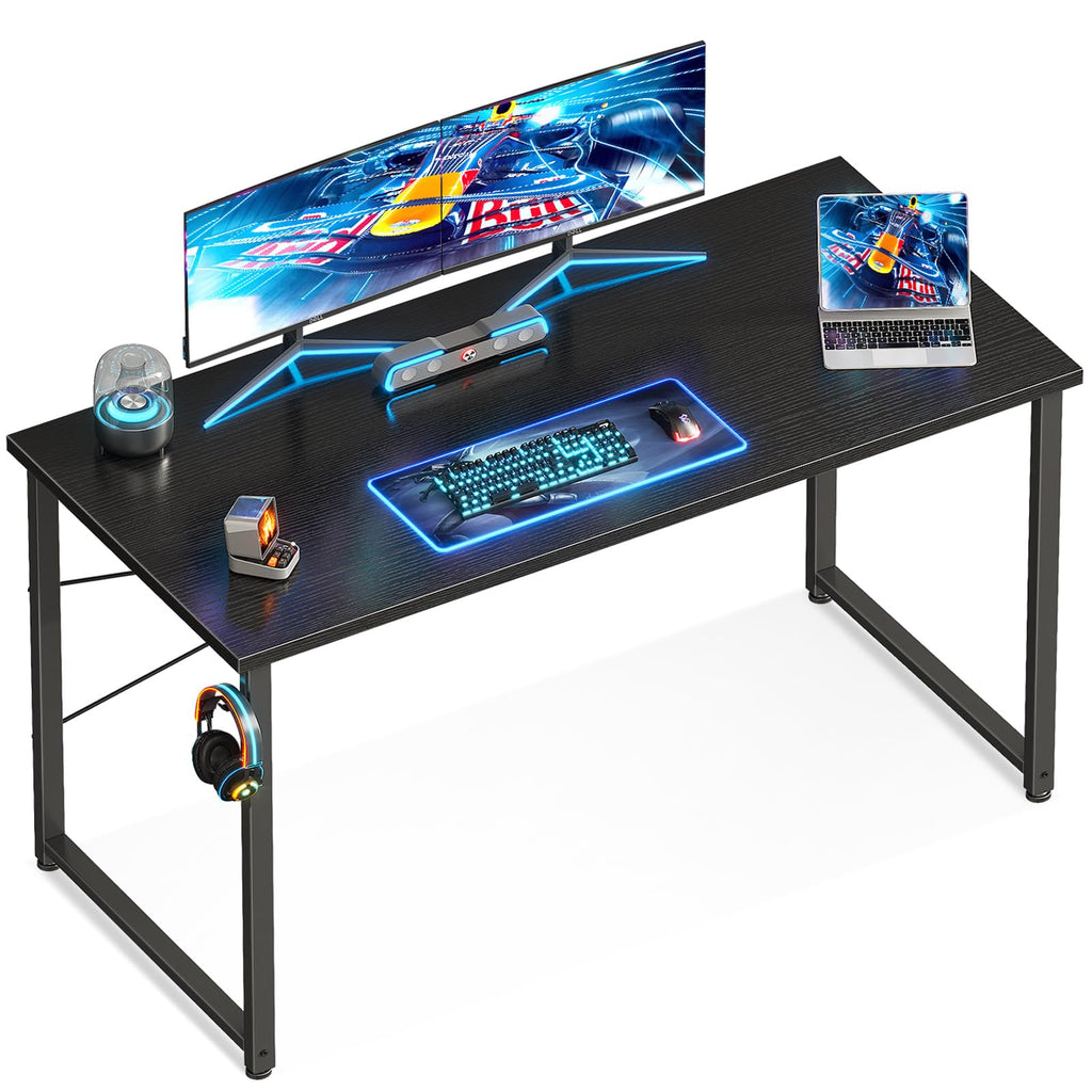 Casaottima 48 Inch Small Computer Desk for Home Office, Study Writing Table for Small Spaces, Simple Modern Desk with Headphone Hooks, Pure Black