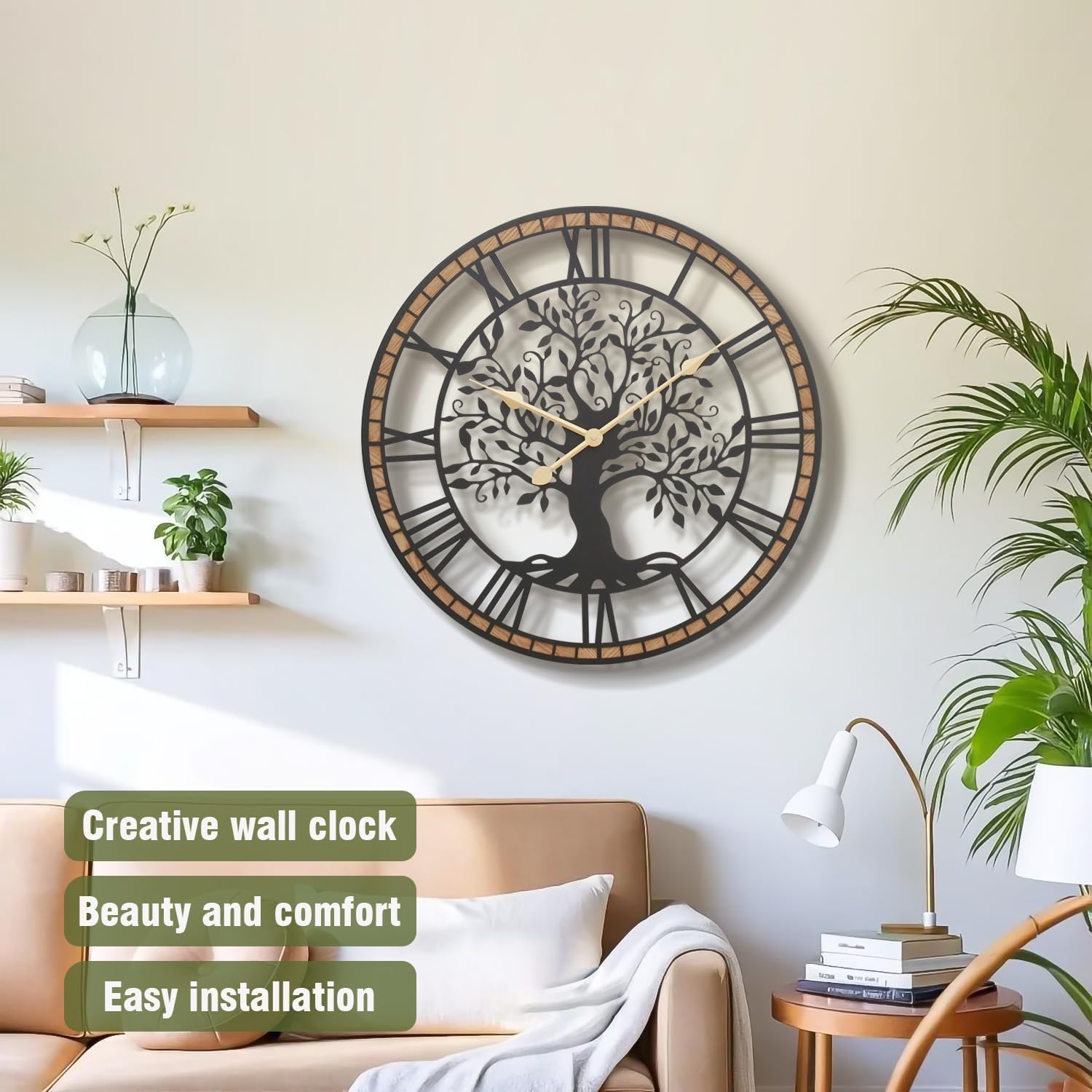 Micasso Farmhouse Large Wall Clock: 24Inch Rustic Tree of Life Metal with Wood Frame - Vintage Battery Operated Wall Clocks for Living Room/Office/Bedroom - Home Decor for Fashion-Conscious