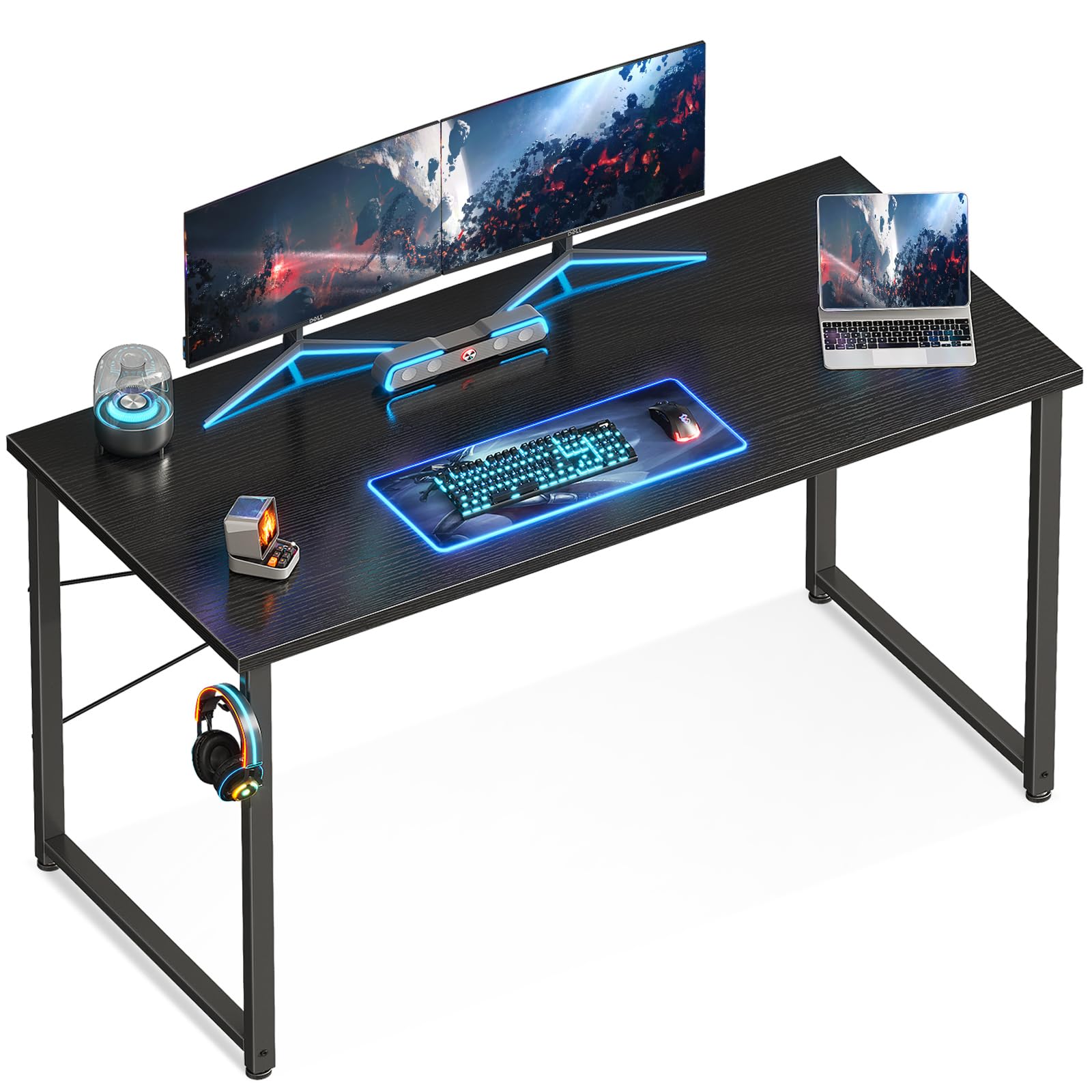 Casaottima 48 Inch Small Computer Desk for Home Office, Study Writing Table for Small Spaces, Simple Modern Desk with Headphone Hooks, Pure Black
