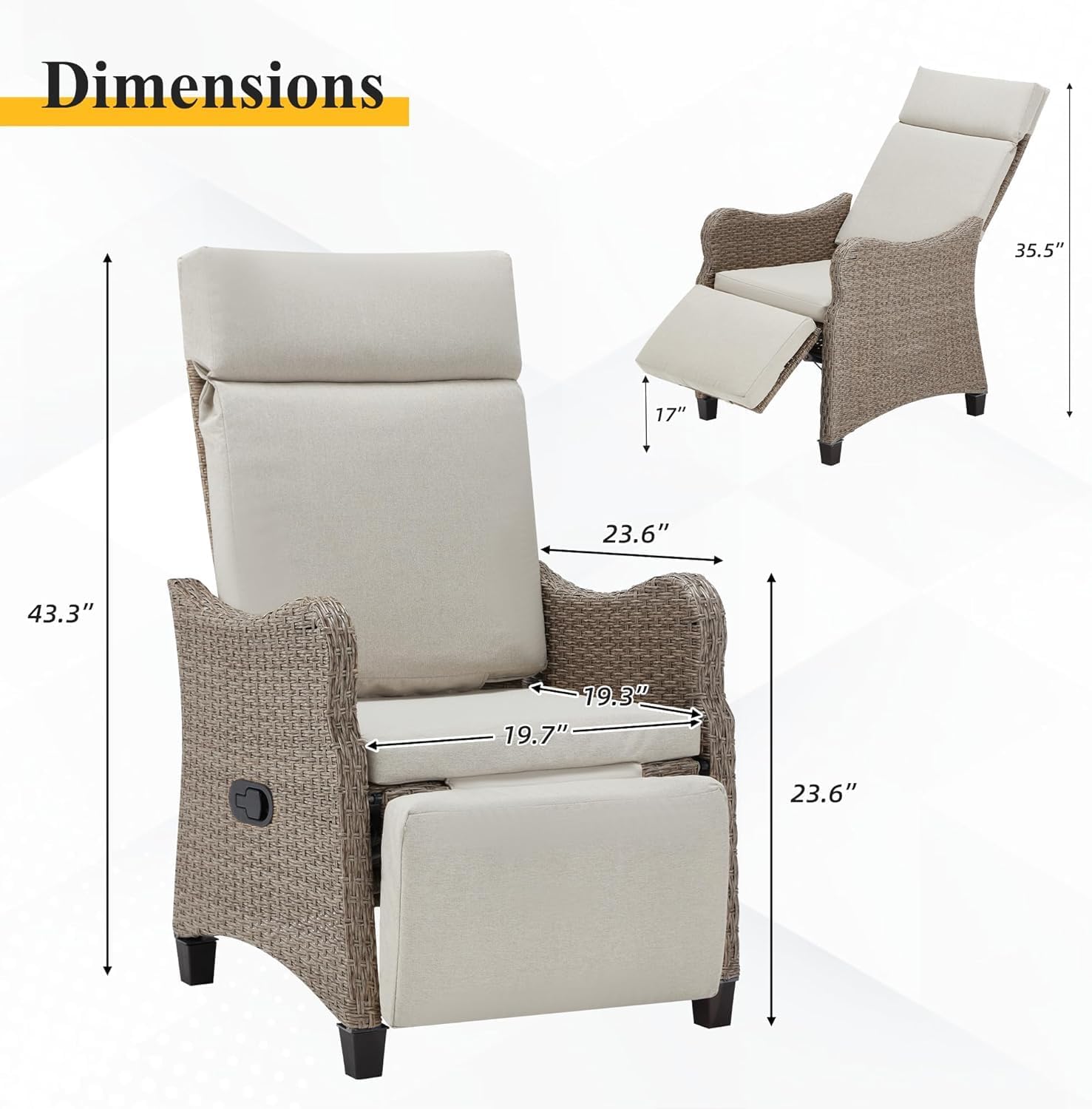 HOMREST Outdoor Recliner Chair, Wicker Reclining Chair for Patio with Adjustable Backrest up to 150°, Rattan Armchair with Integrated Footrest & Removable Cushion for Garden, Light Gray
