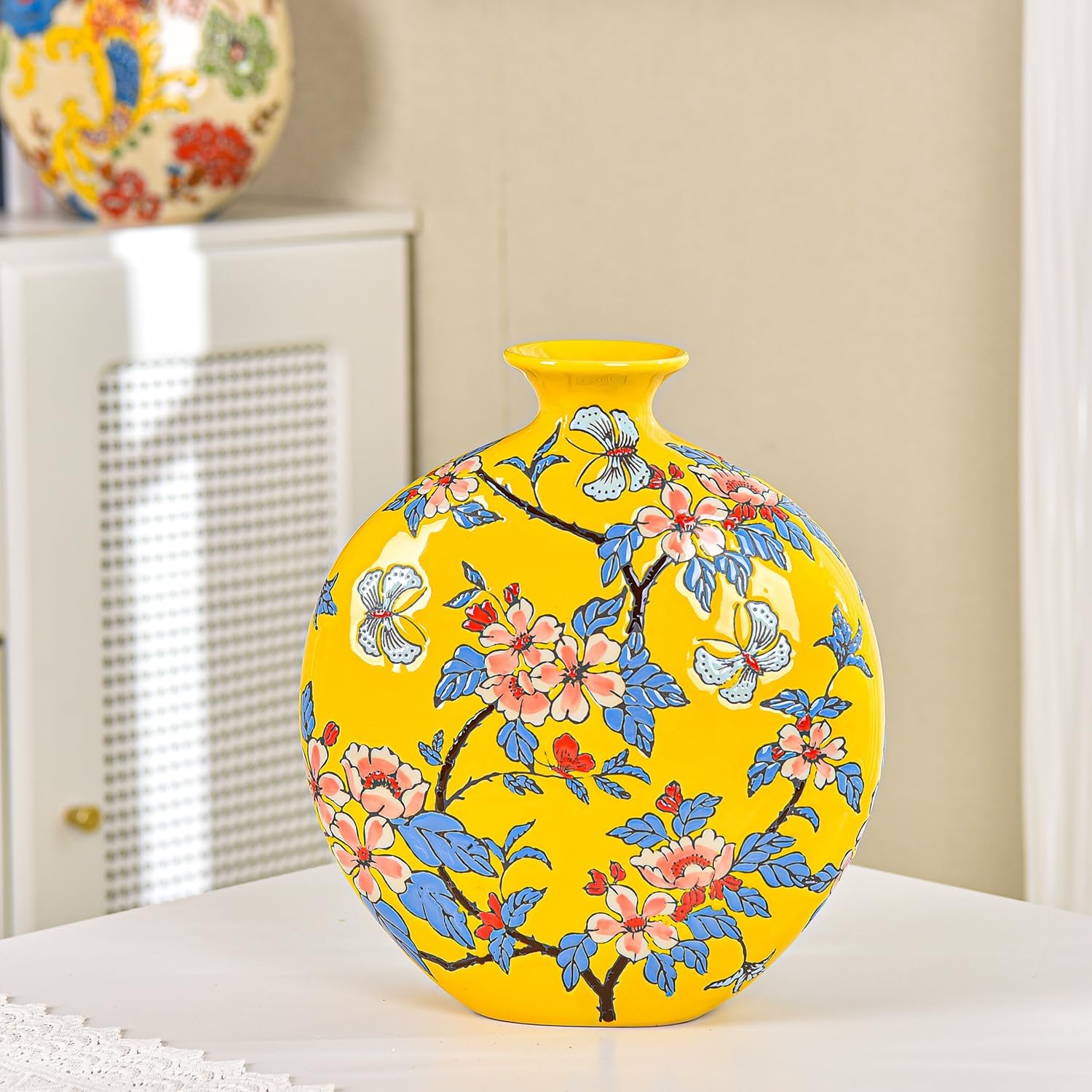 Sungmor High-Class Enamel Painted Porcelain Vase, Traditional Hand-Carved Overglaze Color Ceramic Vase for Fresh Flowers Dried Plants Arrangement, Decorative Vase for Centerpieces, Shelf, Living Room