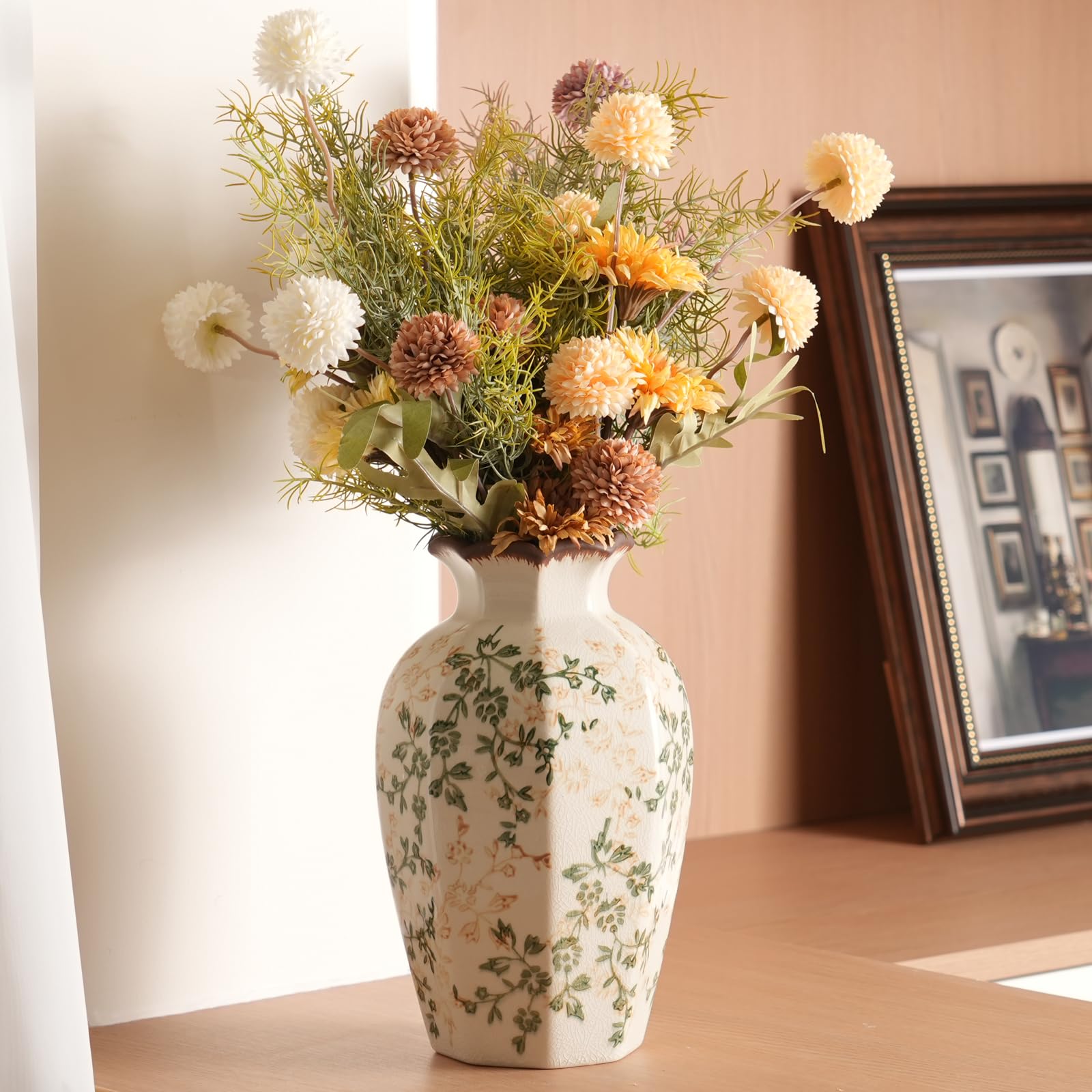 Vintage Ceramic Vase - 8.2 Inch Hand-Painted Roses with Ice Crackle Glaze Finish, American Farmhouse Style Pitcher Vase for Home Decor, Centerpiece, Shelf, Table, Office, Rustic Wedding Gift