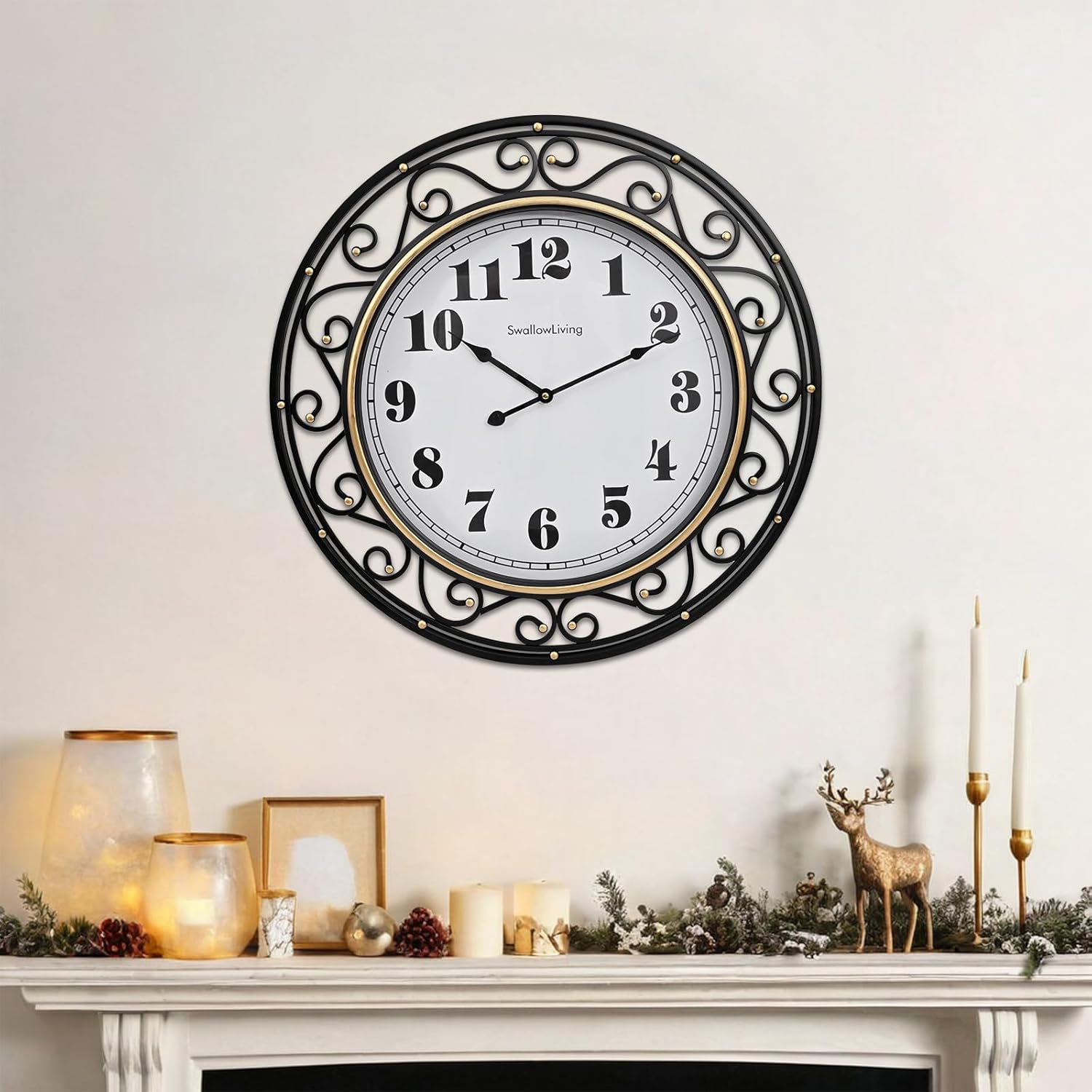 SwallowLiving 24 Inch Vintage Iron Metal Frame Wall Clock Silent, Battery Operated, Elegant Retro Decor for Living Room, Kitchen, Office, Dining Room, and Bedroom
