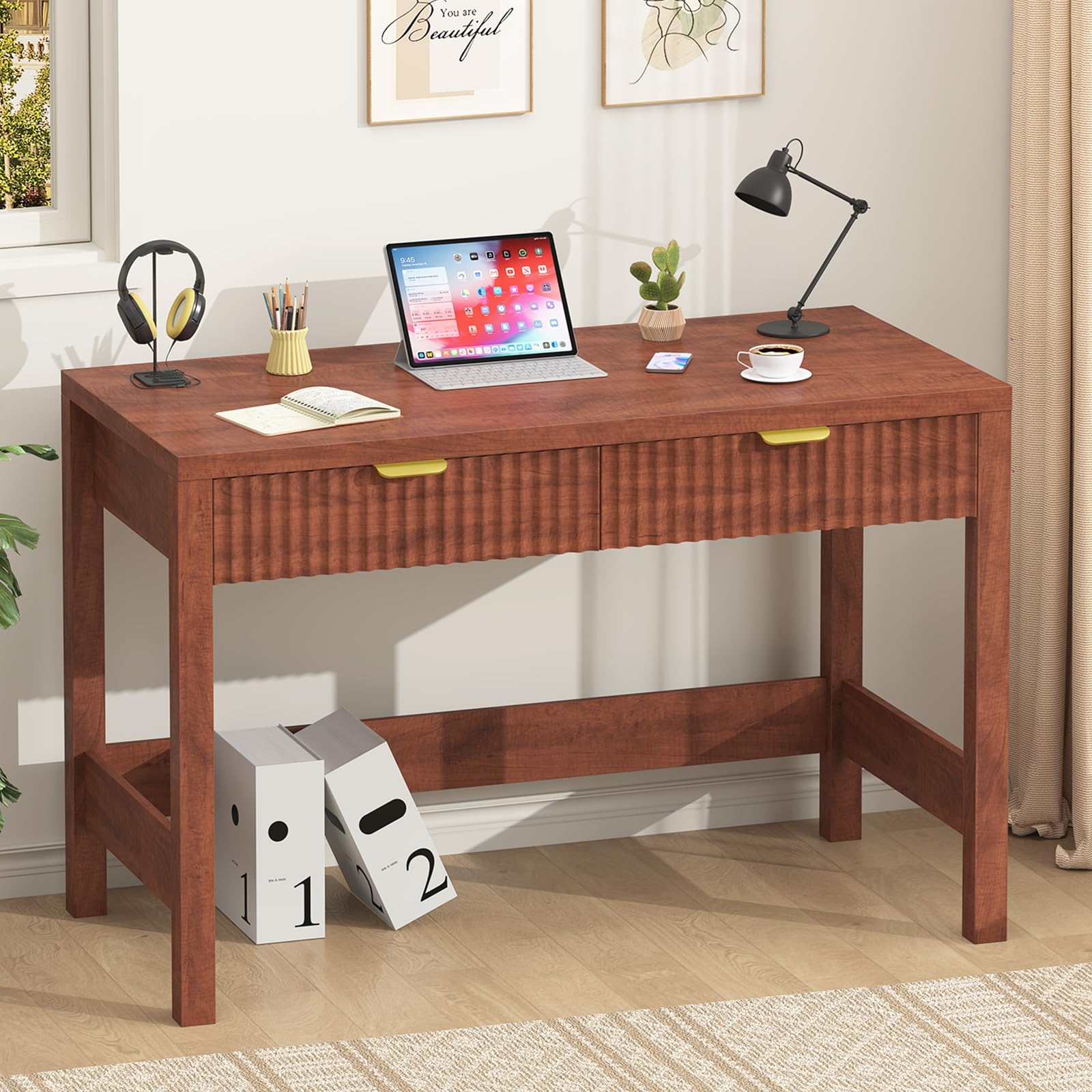 YOMILUVE Fluted Computer Desk with 2 Drawers, 39 Inch Small Computer Desk with Storage, Compact Writing Study Desk for Small Spaces