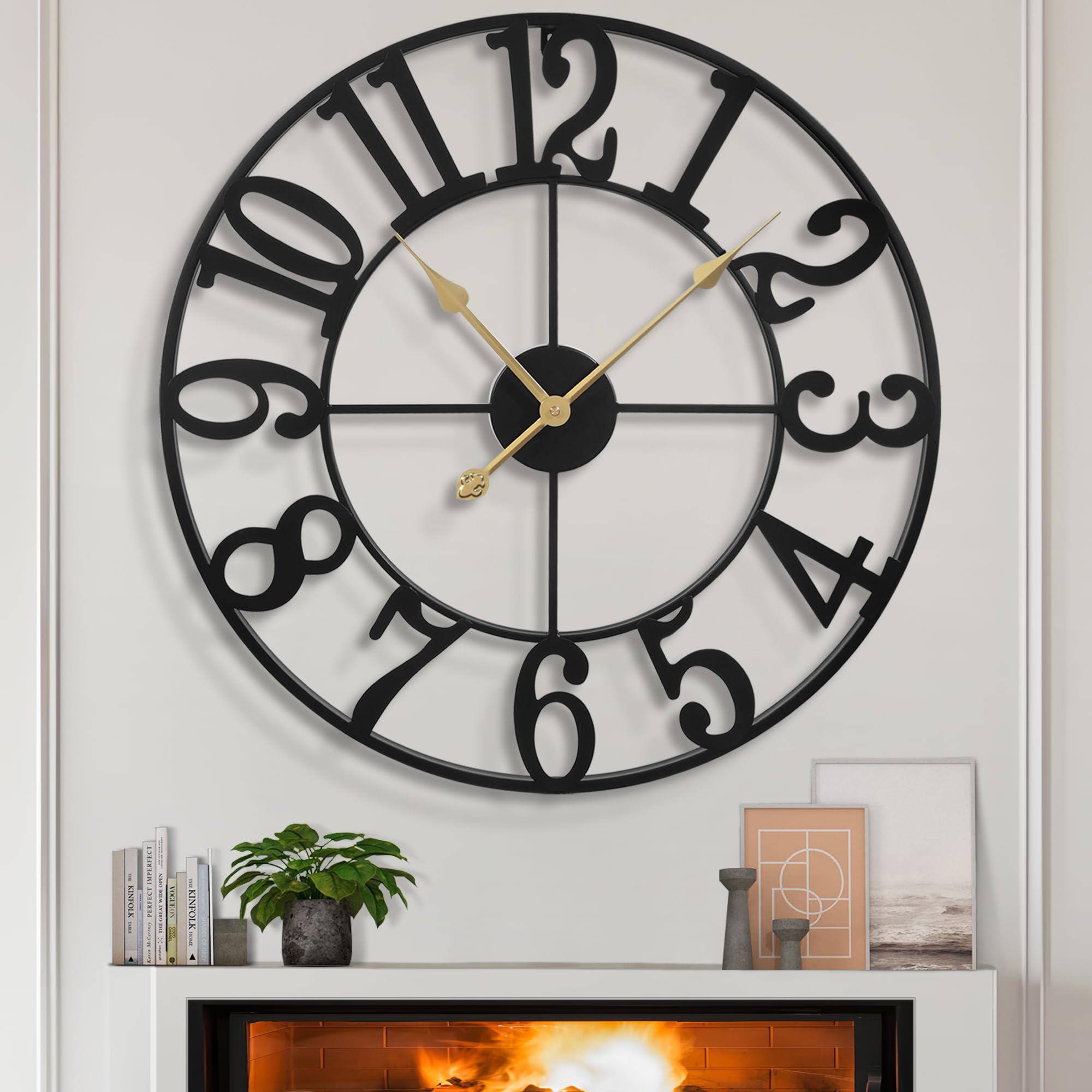 LEIKE Large Wall Clocks,Silent,Non Ticking,Battery Operated Small Vintage Round Modern Metal Wall Clock for Living Room, Bedroom,Kitchen,Farmhouse,Office Decor-13.5 Inch(Black-Arabic Number)