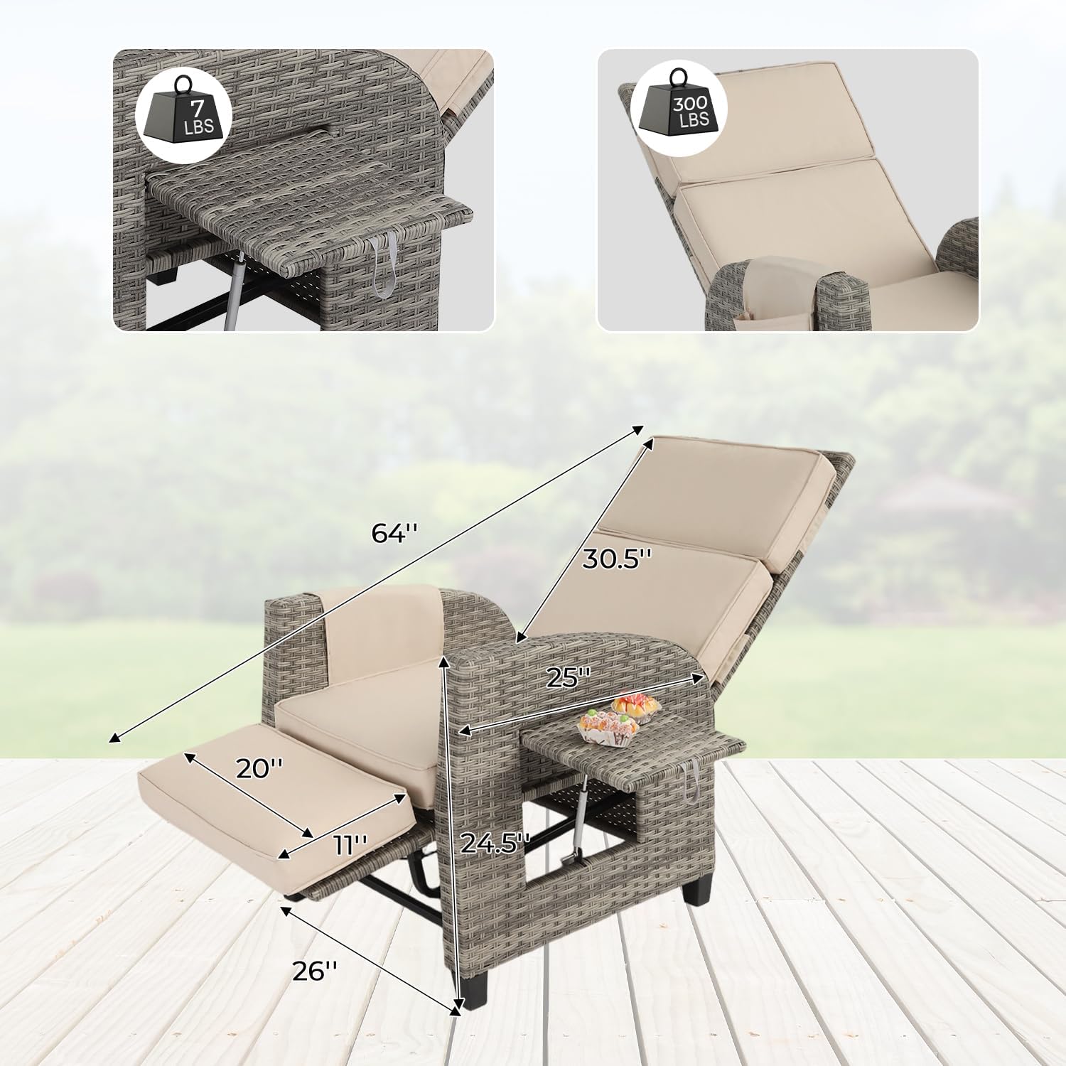 Outdoor Patio Recliner Chair,Adjustable Backrest up to Lay Flat Reclining Chair & Extended Footrest, Flip-Up Side Table, Removable Cushion for Porch Balcony Garden Poolside (1)