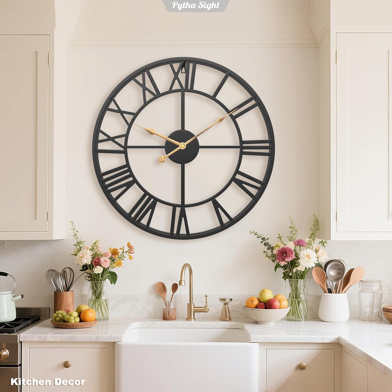 Pytha Sight 24 Inch Large Oversized Farmhouse Modern Decorative Wall Clock for Living Room,Silent Industrial Big Roman Numerals Vintage Metal Round Wall Clocks for Kitchen,Dining Room,Office