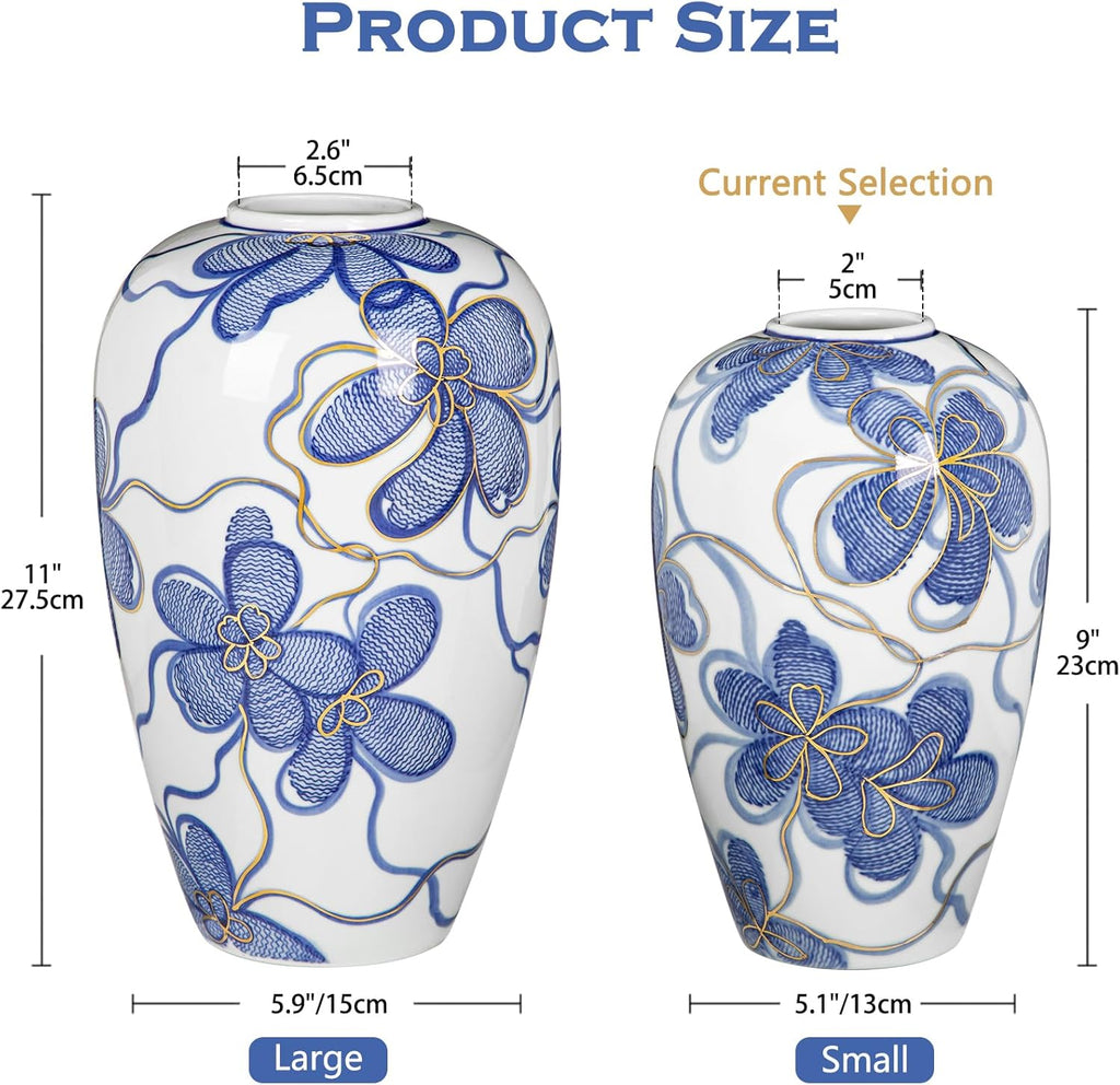 Blue and White Ceramic Vase for Home Decor – Hand-Painted Porcelain Flower Vase with Gold Accents – Chinoiserie-Inspired Home Decor Vases – 9" for Table, Shelf, or Mantel