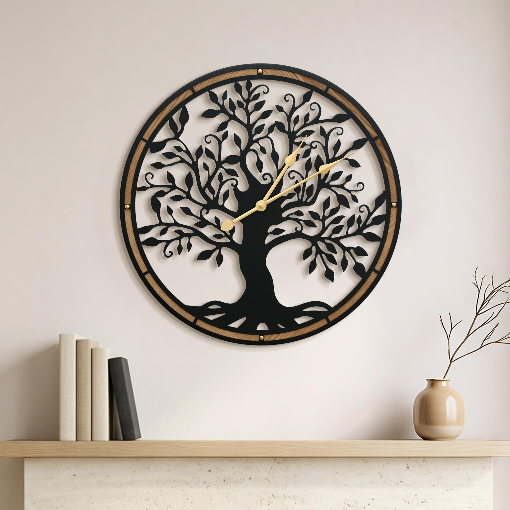 Micasso Farmhouse Large Wall Clock: 24Inch Rustic Tree of Life Metal with Wood Frame - Vintage Battery Operated Wall Clocks for Living Room/Office/Bedroom - Home Decor for Fashion-Conscious