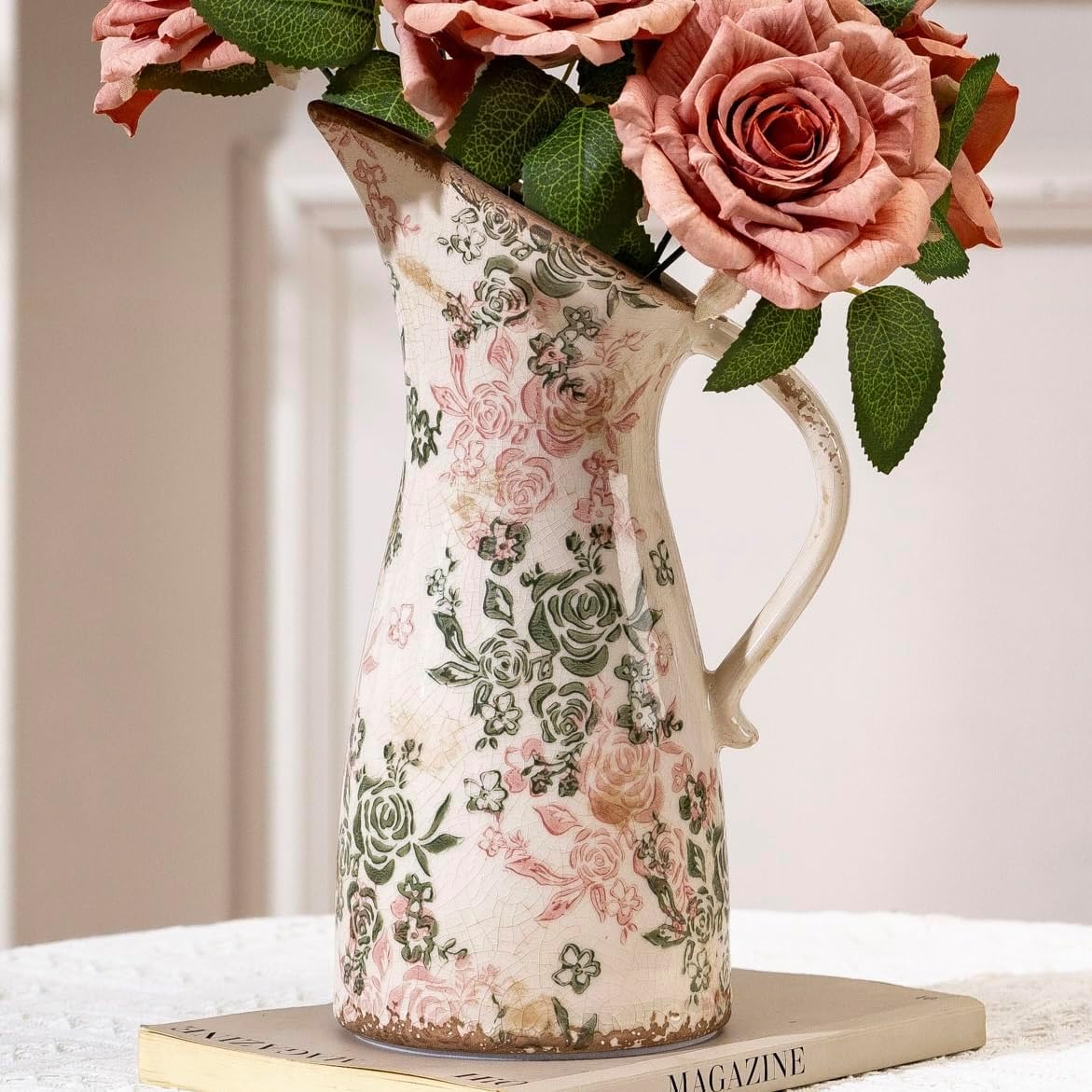 Vintage Ceramic Pitcher Vase with Handle 10.5”, Green & Pink Floral Farmhouse Vase, Chinoiserie Decorative Centerpiece for Living Room, Bookshelf