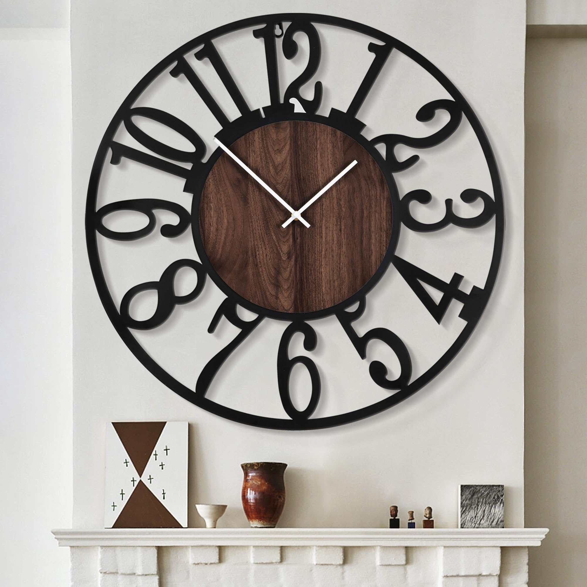 LEIKE Large Wall Clocks,Silent,Non Ticking,Battery Operated Small Vintage Round Modern Metal Wall Clock for Living Room, Bedroom,Kitchen,Farmhouse,Office Decor-13.5 Inch(Black-Arabic Number)
