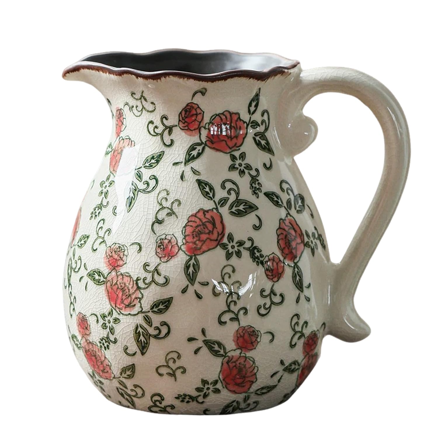 Vintage Ceramic Vase - 8.2 Inch Hand-Painted Roses with Ice Crackle Glaze Finish, American Farmhouse Style Pitcher Vase for Home Decor, Centerpiece, Shelf, Table, Office, Rustic Wedding Gift