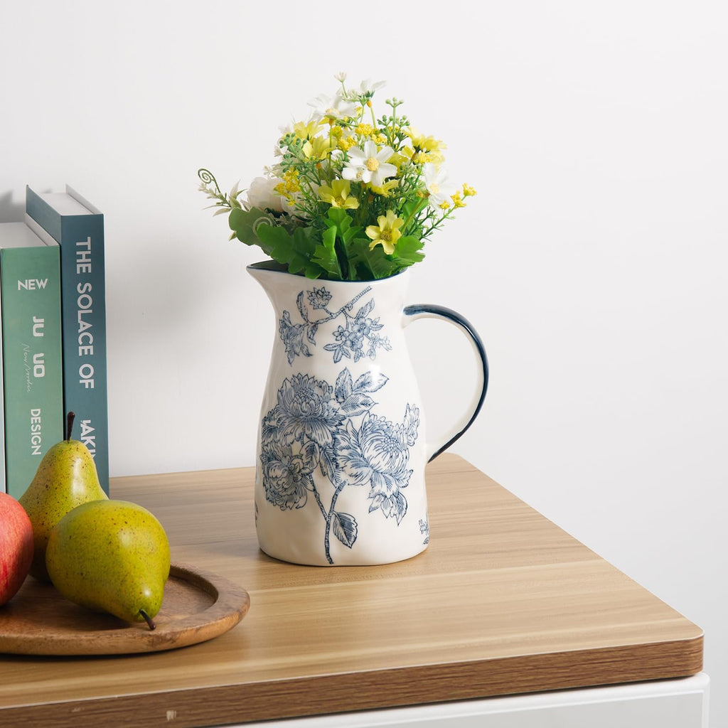 Ceramic Pitcher Vase, Blue and White Jug for Home Decor, Chinoiserie Vase Decor, Decorative Pitcher with Handle