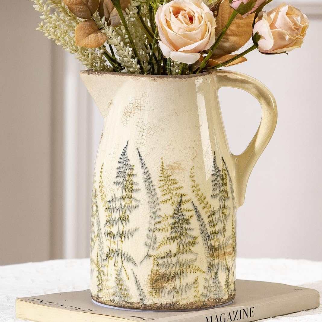 Vintage Ceramic Pitcher Vase with Handle 10.5”, Green & Pink Floral Farmhouse Vase, Chinoiserie Decorative Centerpiece for Living Room, Bookshelf