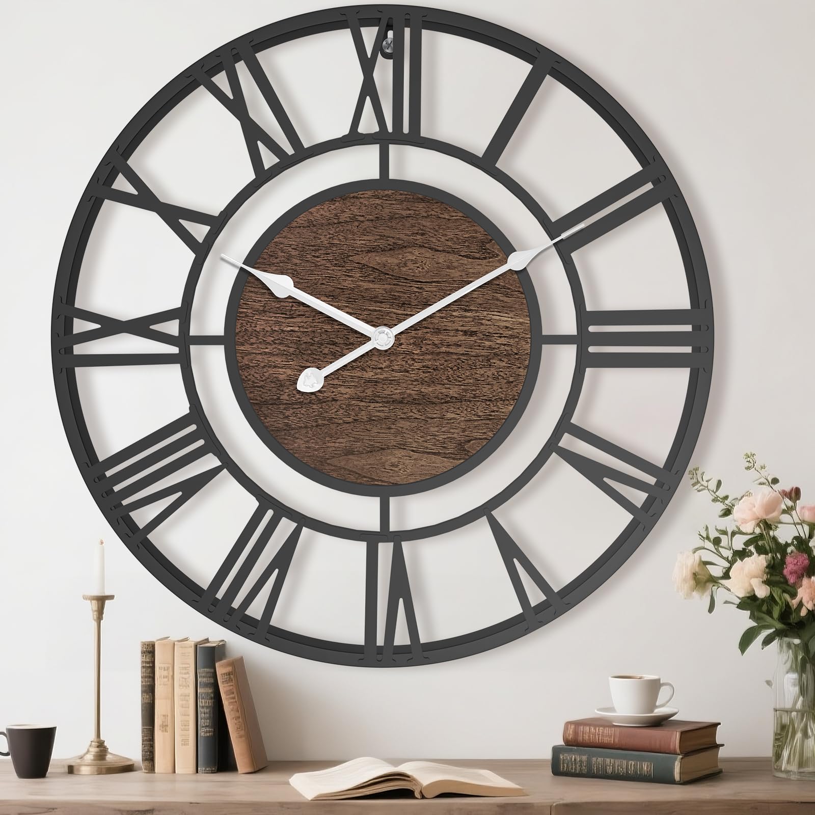 Pytha Sight 24 Inch Large Oversized Farmhouse Modern Decorative Wall Clock for Living Room,Silent Industrial Big Roman Numerals Vintage Metal Round Wall Clocks for Kitchen,Dining Room,Office